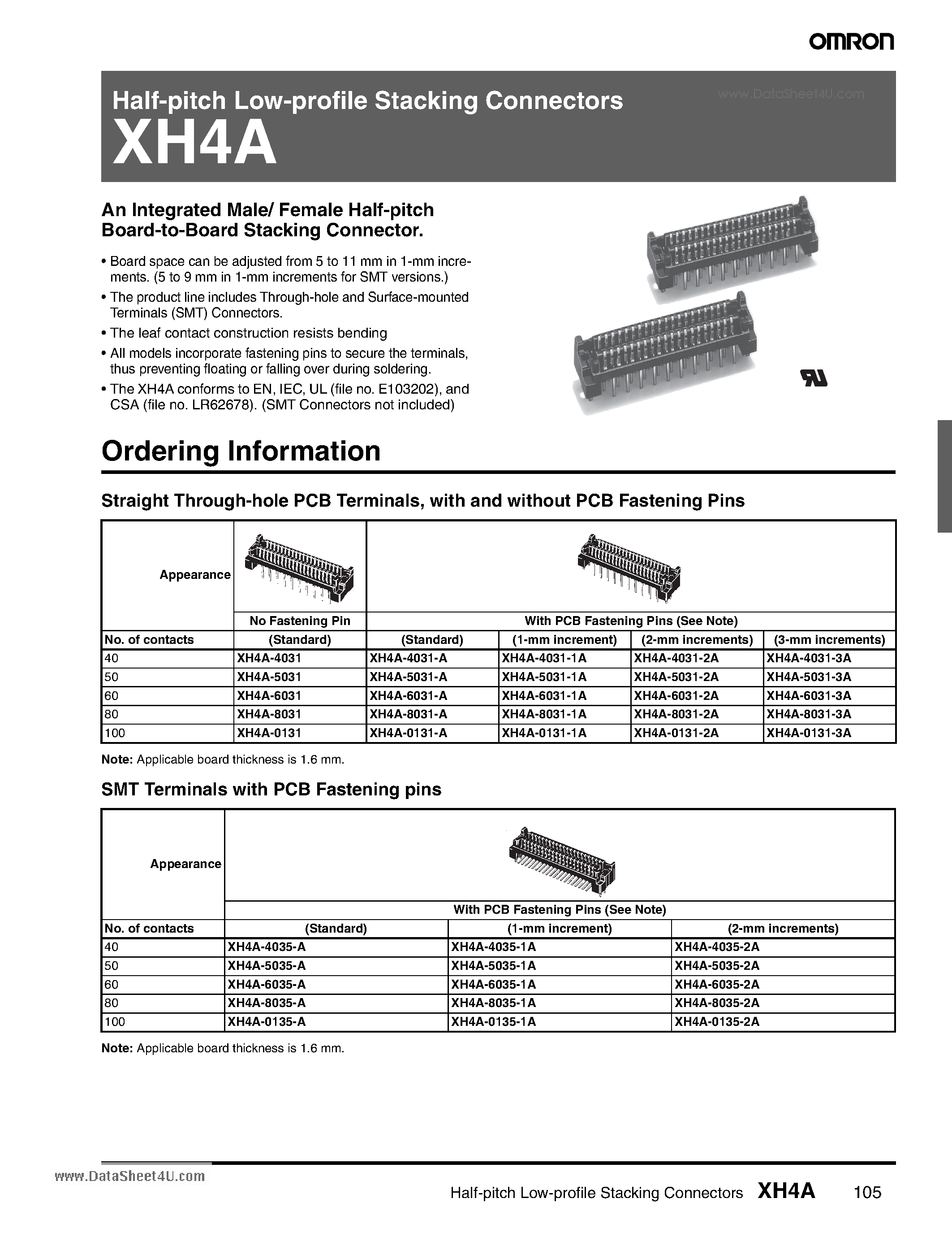 Datasheet XH4A page 1 Datasheet XH4A - Half-pitch Low-profile Stacking Connectors page 1