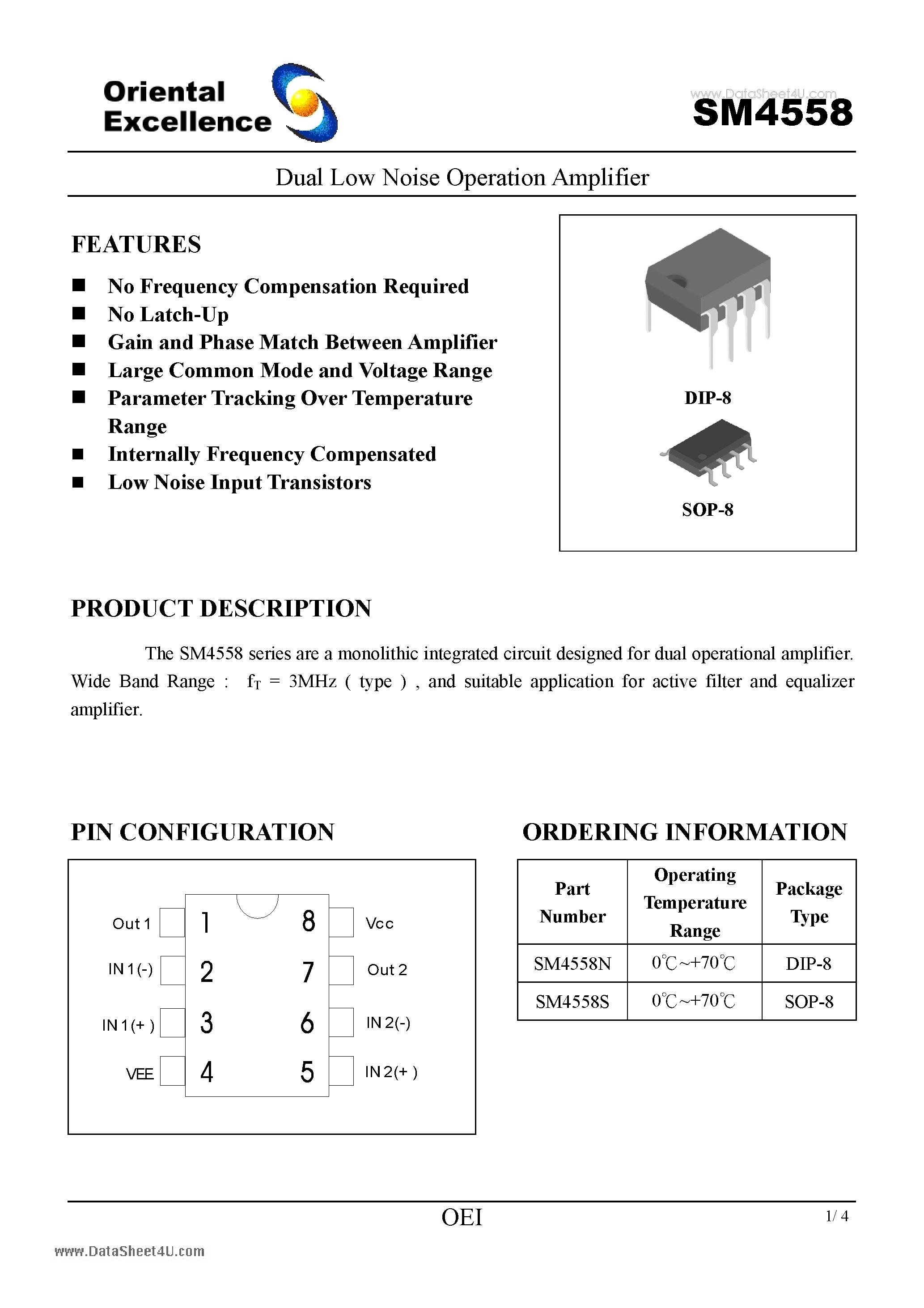Datasheet SM4558 page 1 Datasheet SM4558 - Dual Low Noise Operation Amplifier page 1