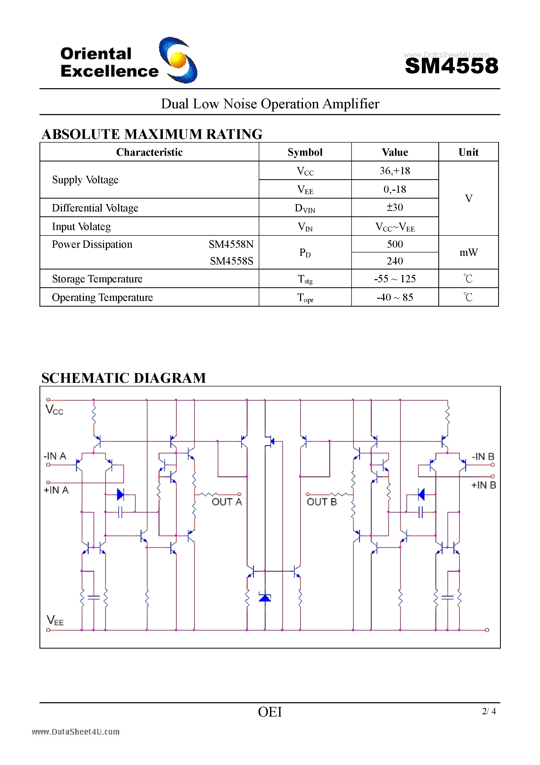 Datasheet SM4558 page 2 Datasheet SM4558 - Dual Low Noise Operation Amplifier page 2