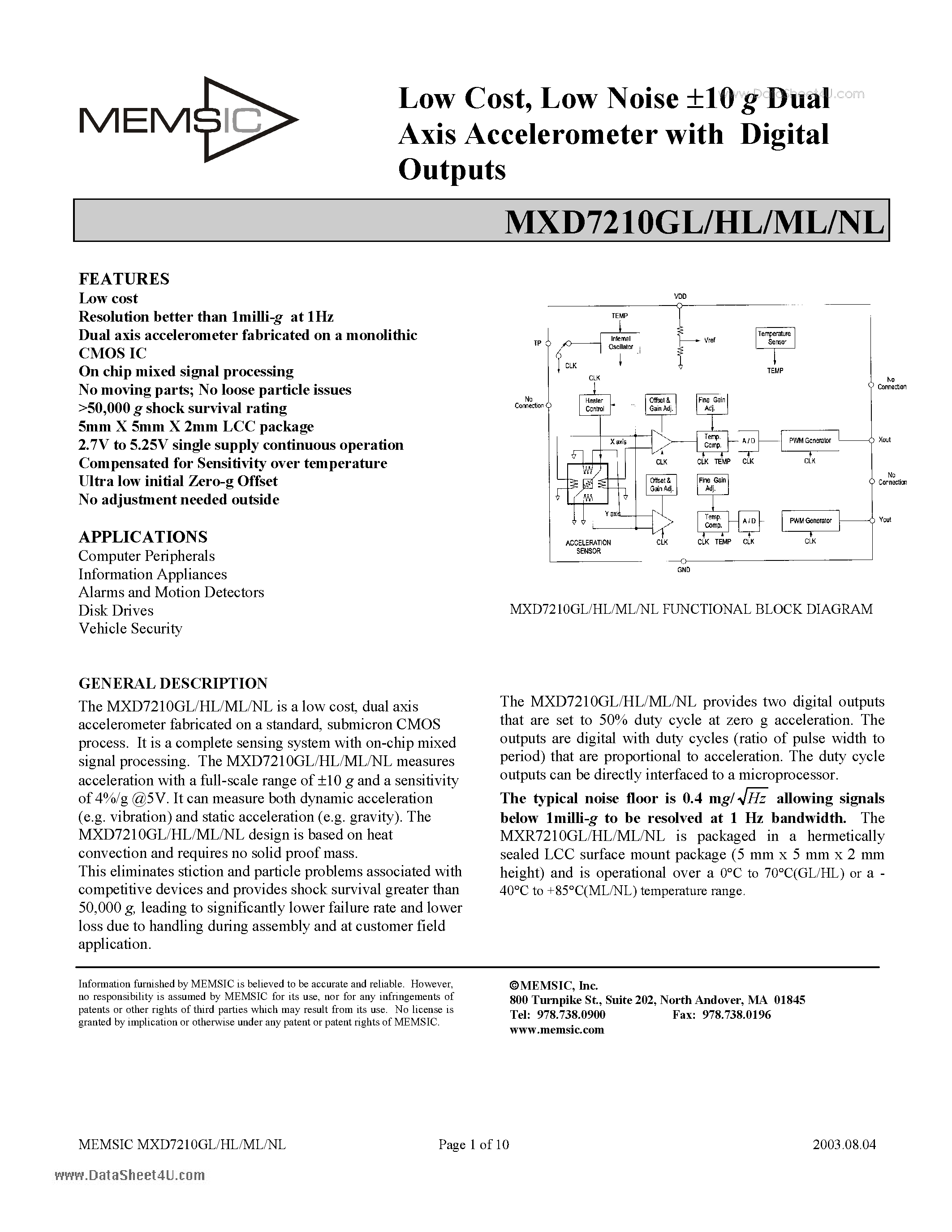 Datasheet MXD7210GL page 1 Datasheet MXD7210GL - Low Noise -10 g Dual Axis Accelerometer page 1