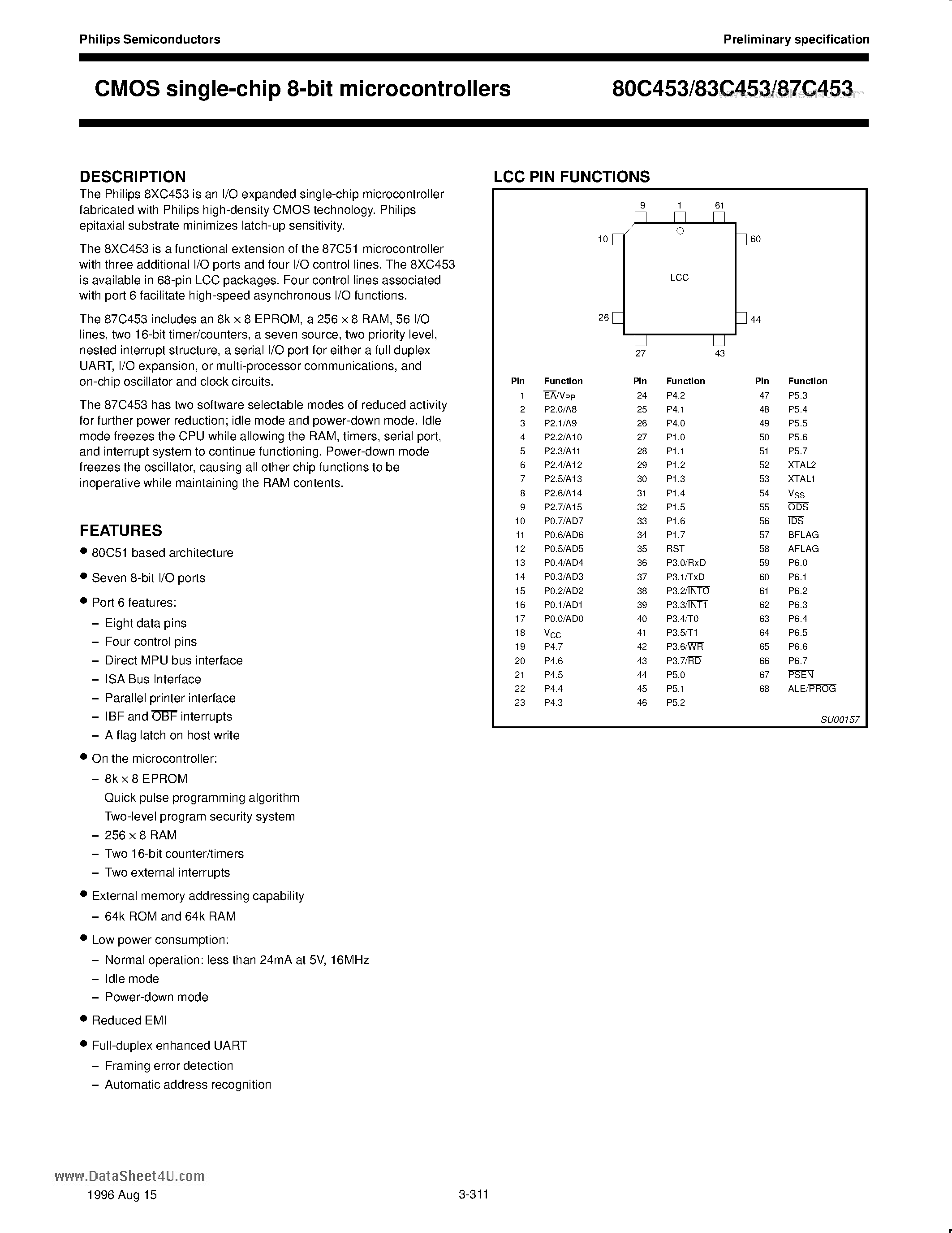 Datasheet 80C453 - CMOS single-chip 8-bit microcontrollers page 1