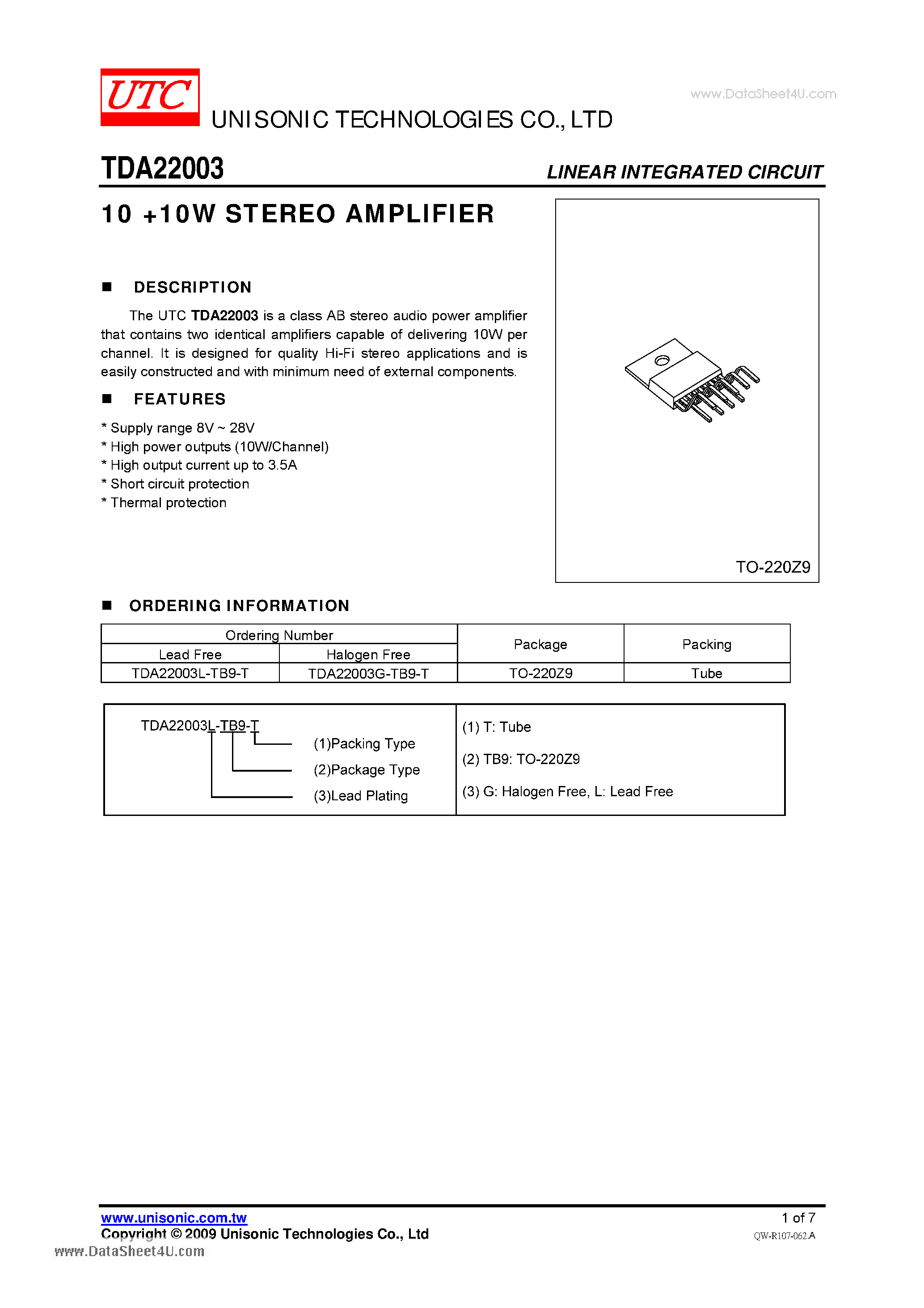 Datasheet TDA22003 - 10 + 10W STEREO AMPLIFIER page 1
