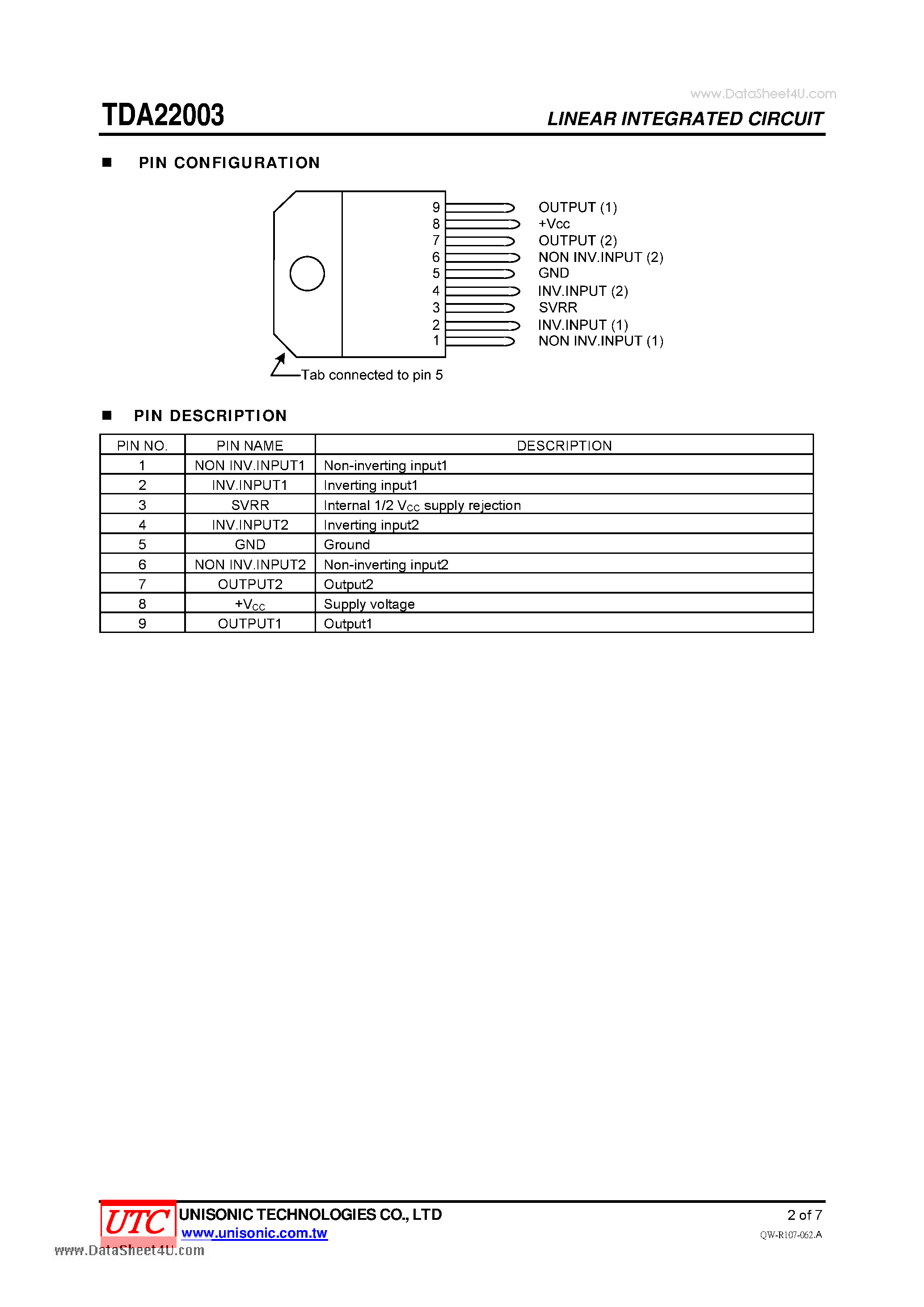Datasheet TDA22003 - 10 + 10W STEREO AMPLIFIER page 2