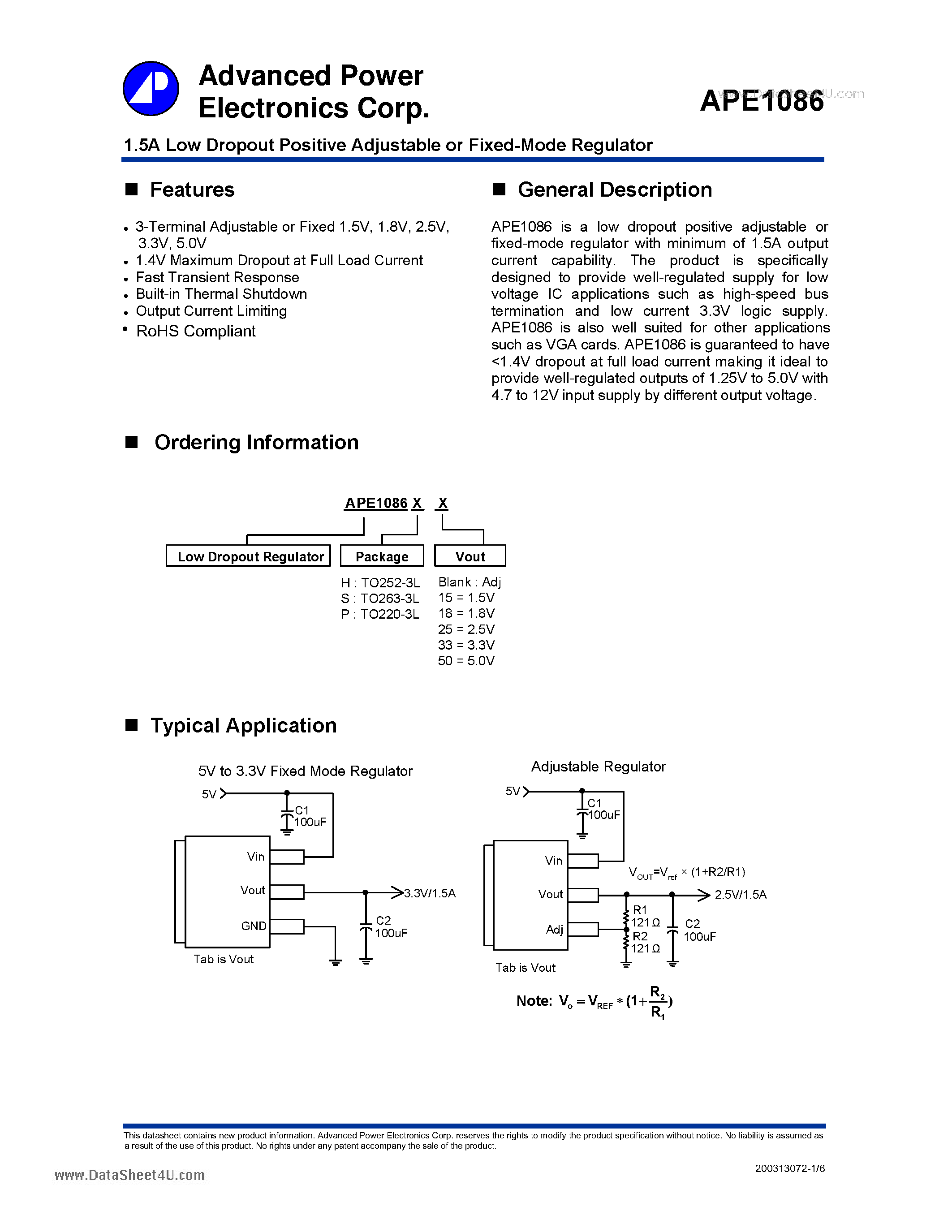 Даташит на микросхему APE1086 страница 1 Даташит APE1086 - 1.5A Low Dropout Positive Adjustable or Fixed-Mode Regulator страница 1