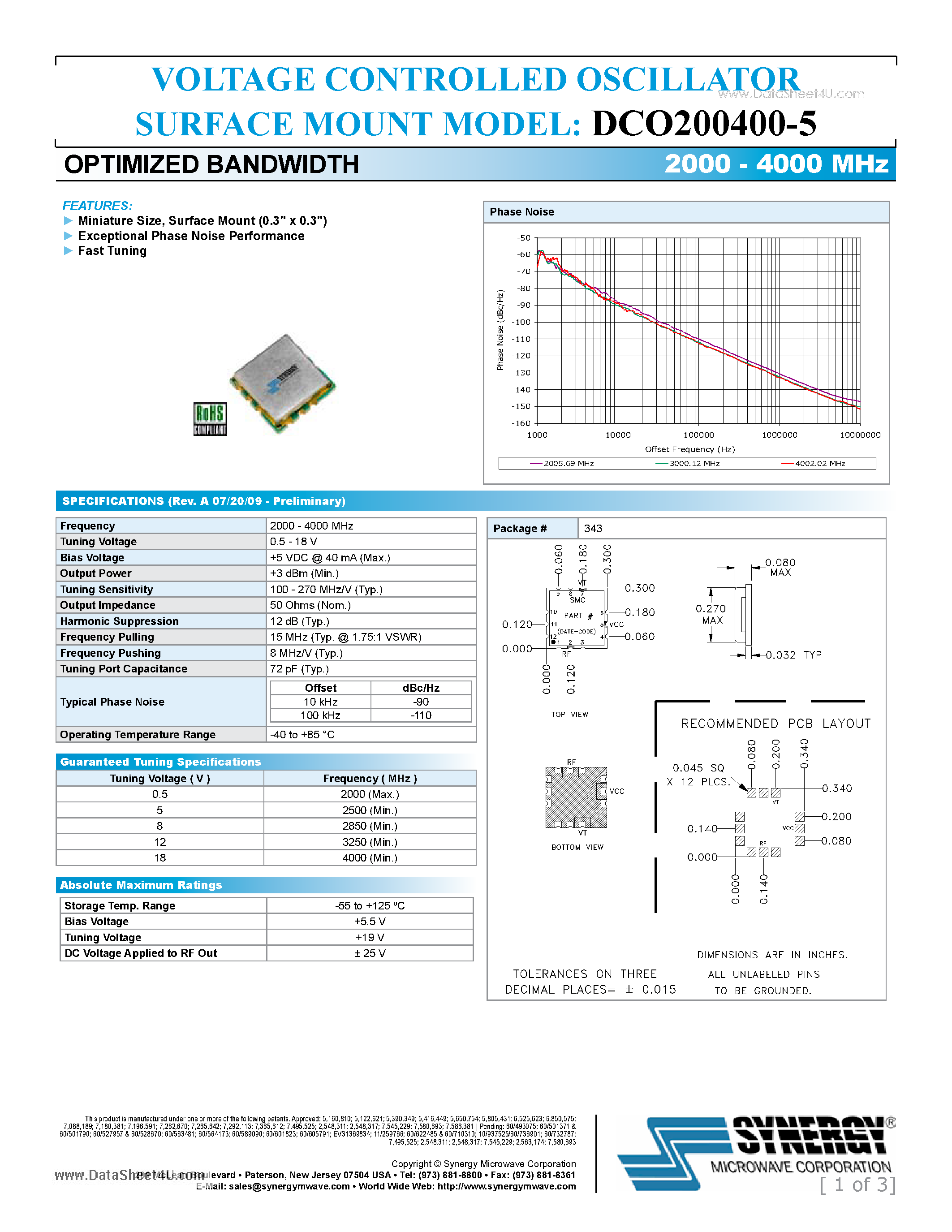 Datasheet DCO200400-5 - VOLTAGE CONTROLLED OSCILLATOR page 1