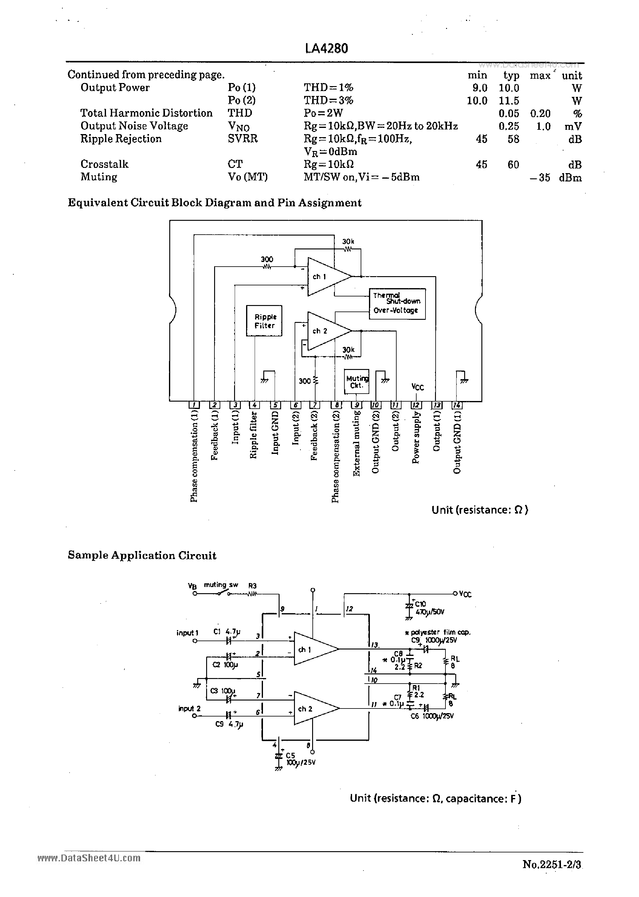 Даташит LA-4280 - 2-Channel 10W AF Power Amp for Home Stereo/ TV Use страница 2