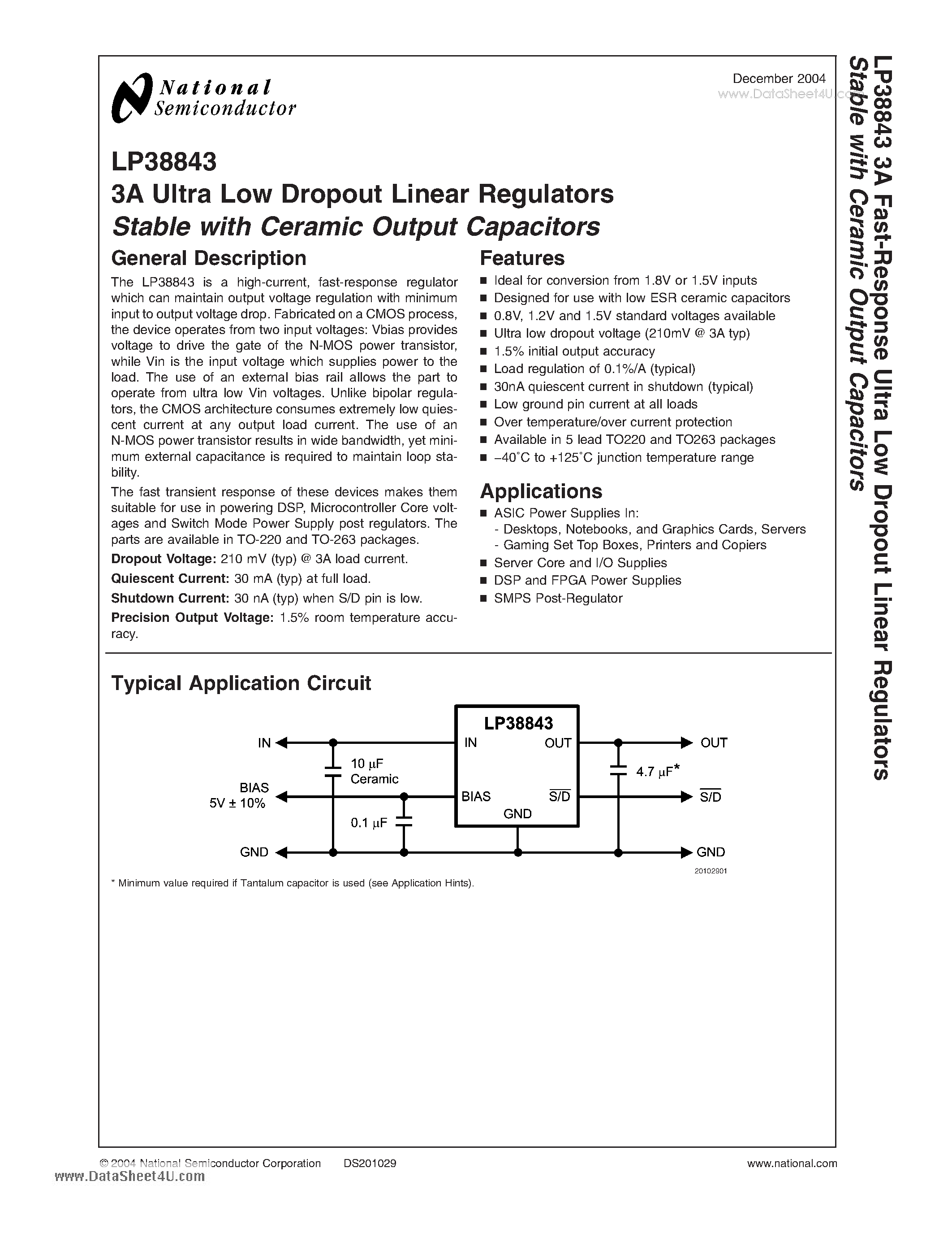Даташит на микросхему LP38843 страница 1 Даташит LP38843 - 3A Ultra Low Dropout Linear Regulators Stable страница 1
