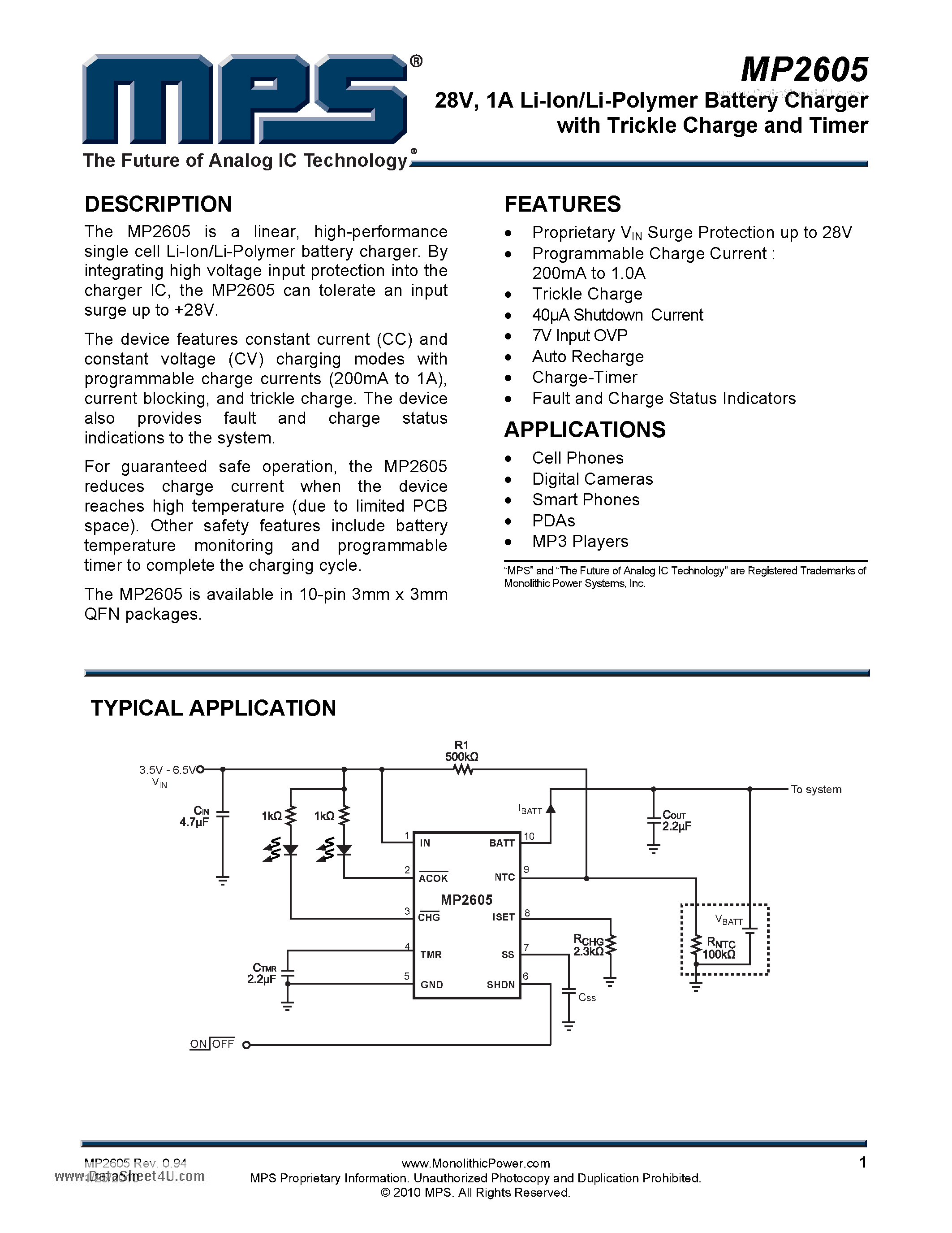 Datasheet MP2605 - 1A Li-Ion/Li-Polymer Battery Charger page 1