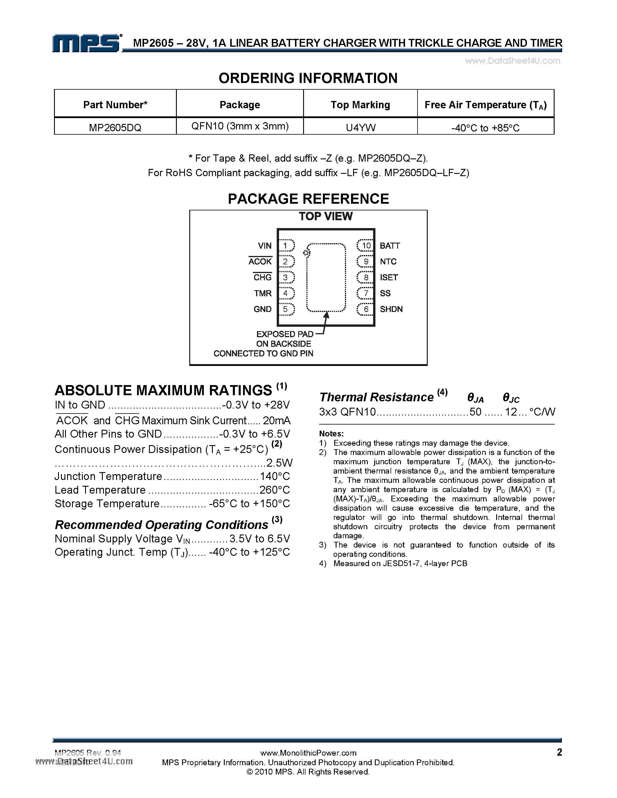 Datasheet MP2605 - 1A Li-Ion/Li-Polymer Battery Charger page 2