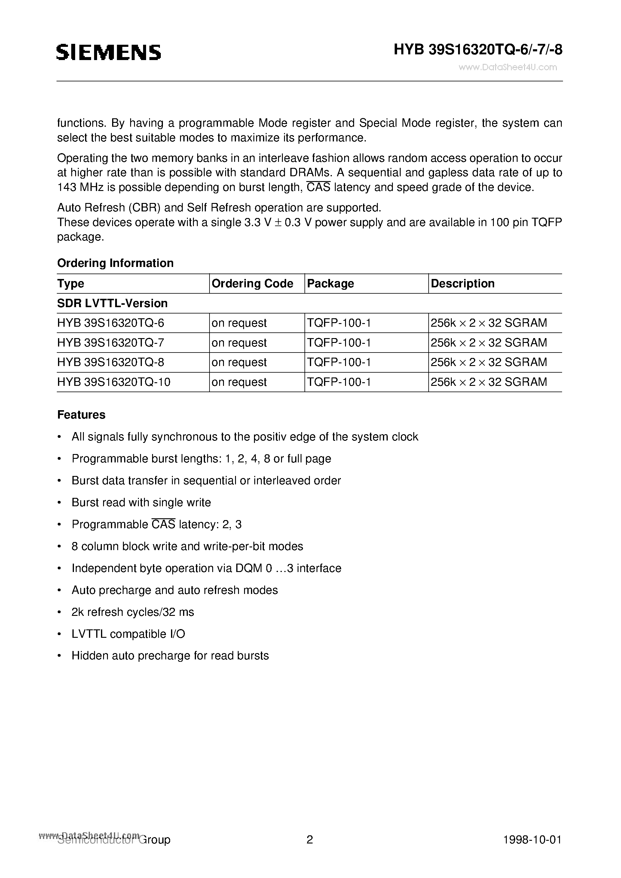 Datasheet HYB39S13620TQ-6 - Special Mode Registers Two color registers Burst Read page 2