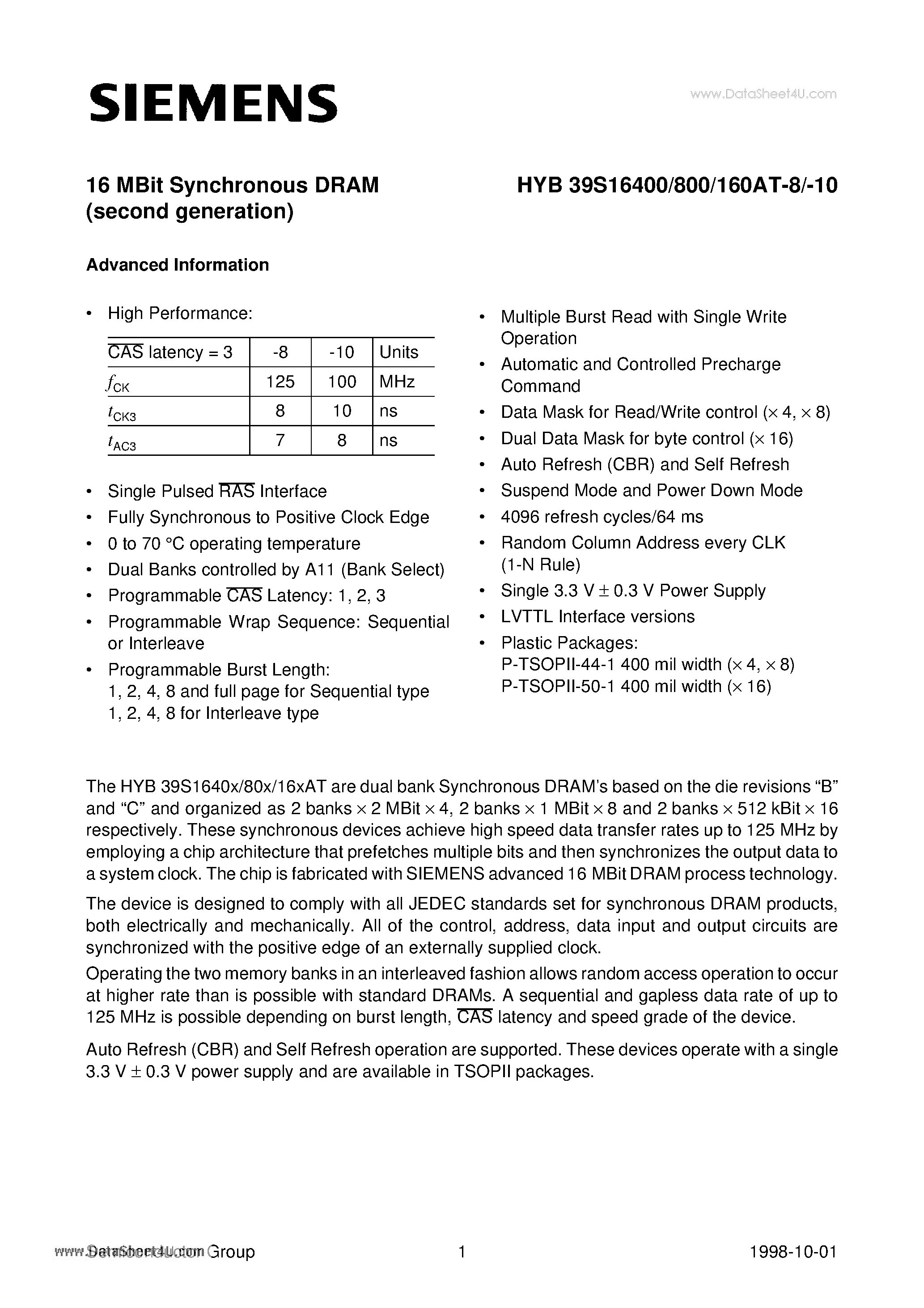 Datasheet HYB39S16160AT-10 - 16 MBit Synchronous DRAM page 1