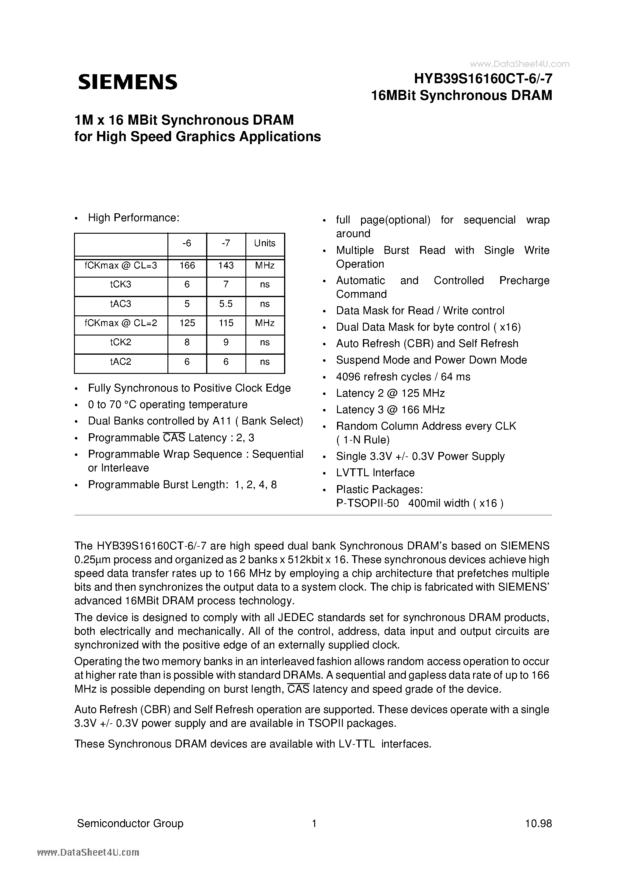 Datasheet HYB39S16160CT-6 page 1 Datasheet HYB39S16160CT-6 - 1M x 16 MBit Synchronous DRAM page 1