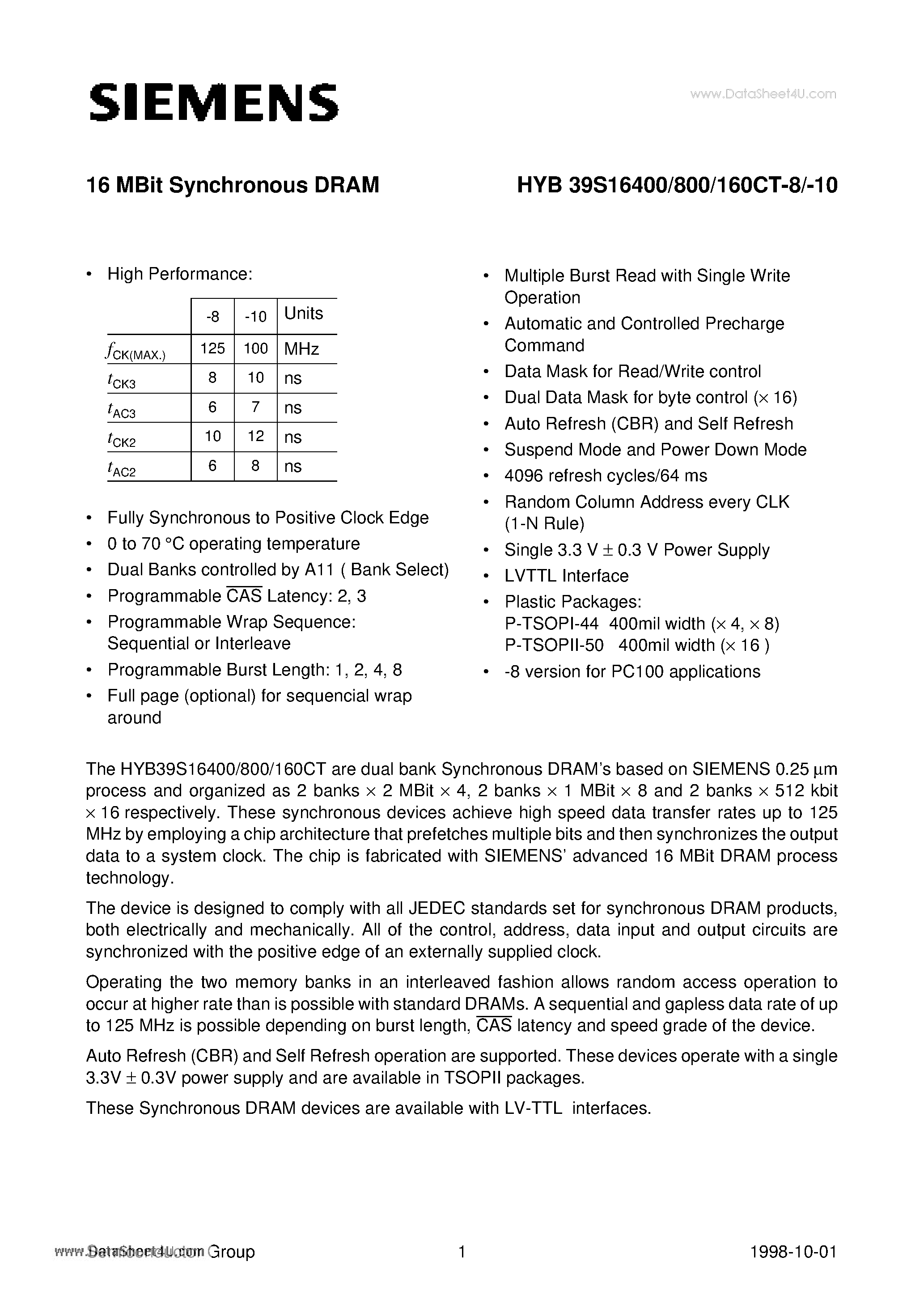 Datasheet HYB39S16160CT-10 - 16 MBit Synchronous DRAM page 1