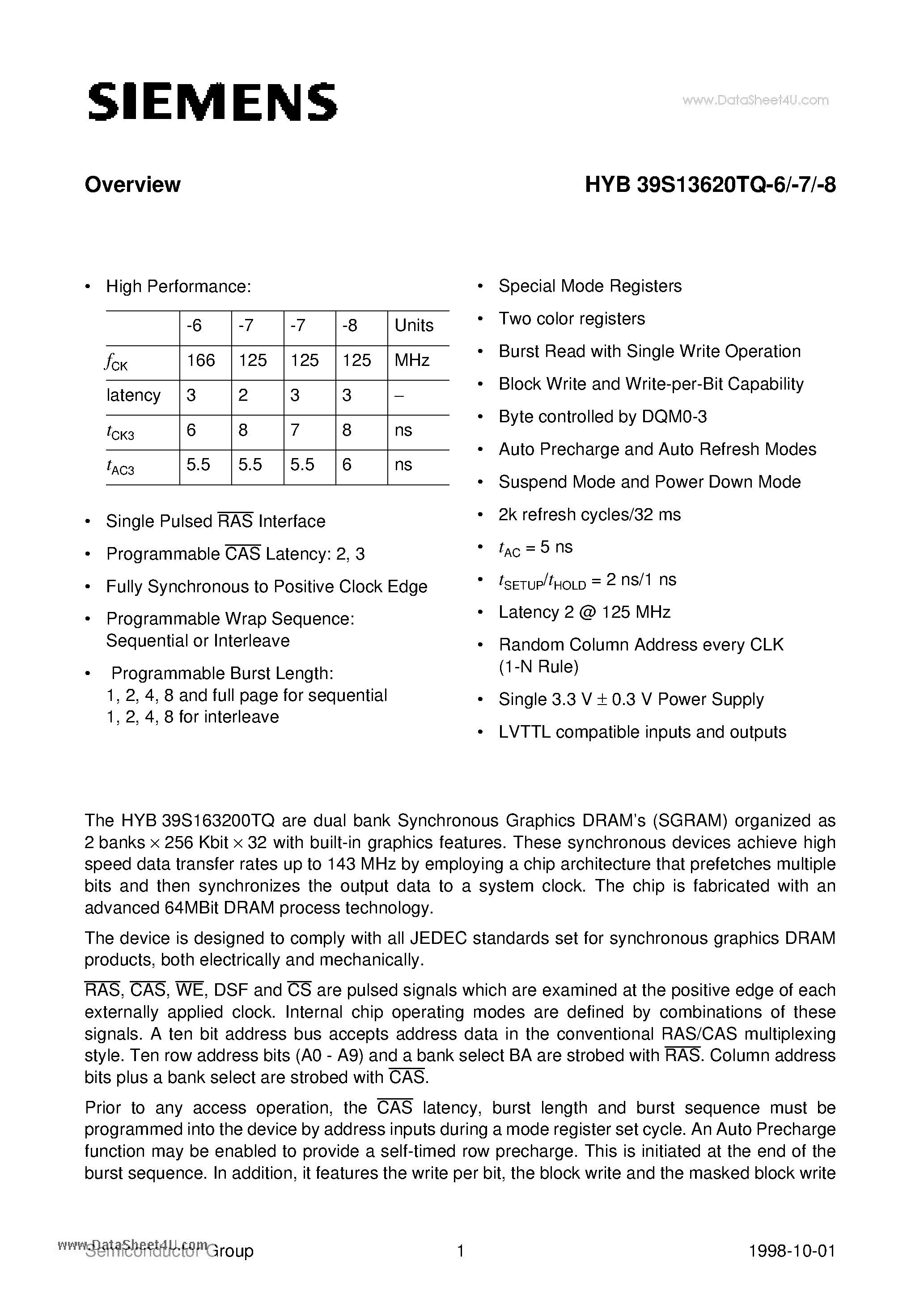 Datasheet HYB39S16320TQ-6 - Special Mode Registers Two color registers Burst Read page 1