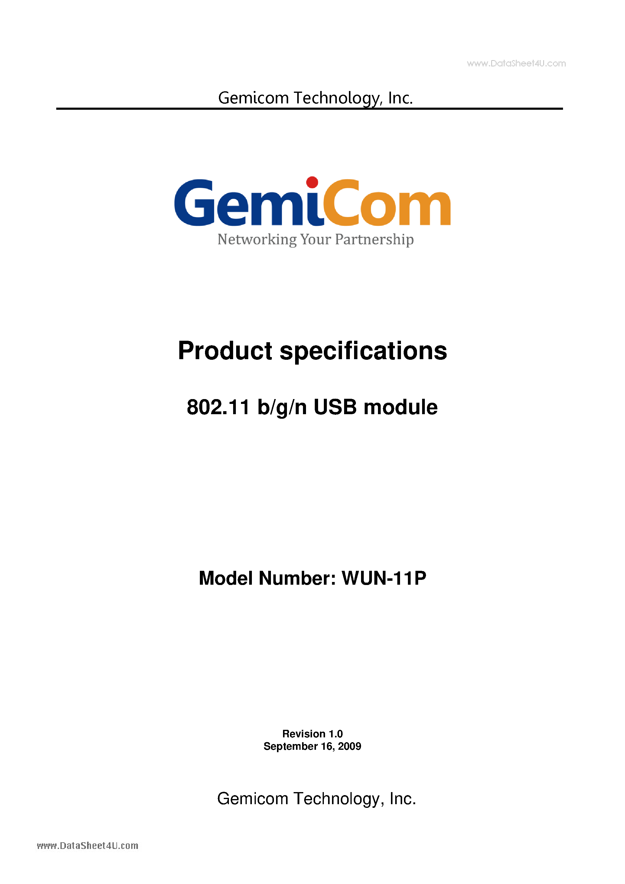 Datasheet WUN-11P page 1 Datasheet WUN-11P - 802.11 b/g/n USB module page 1