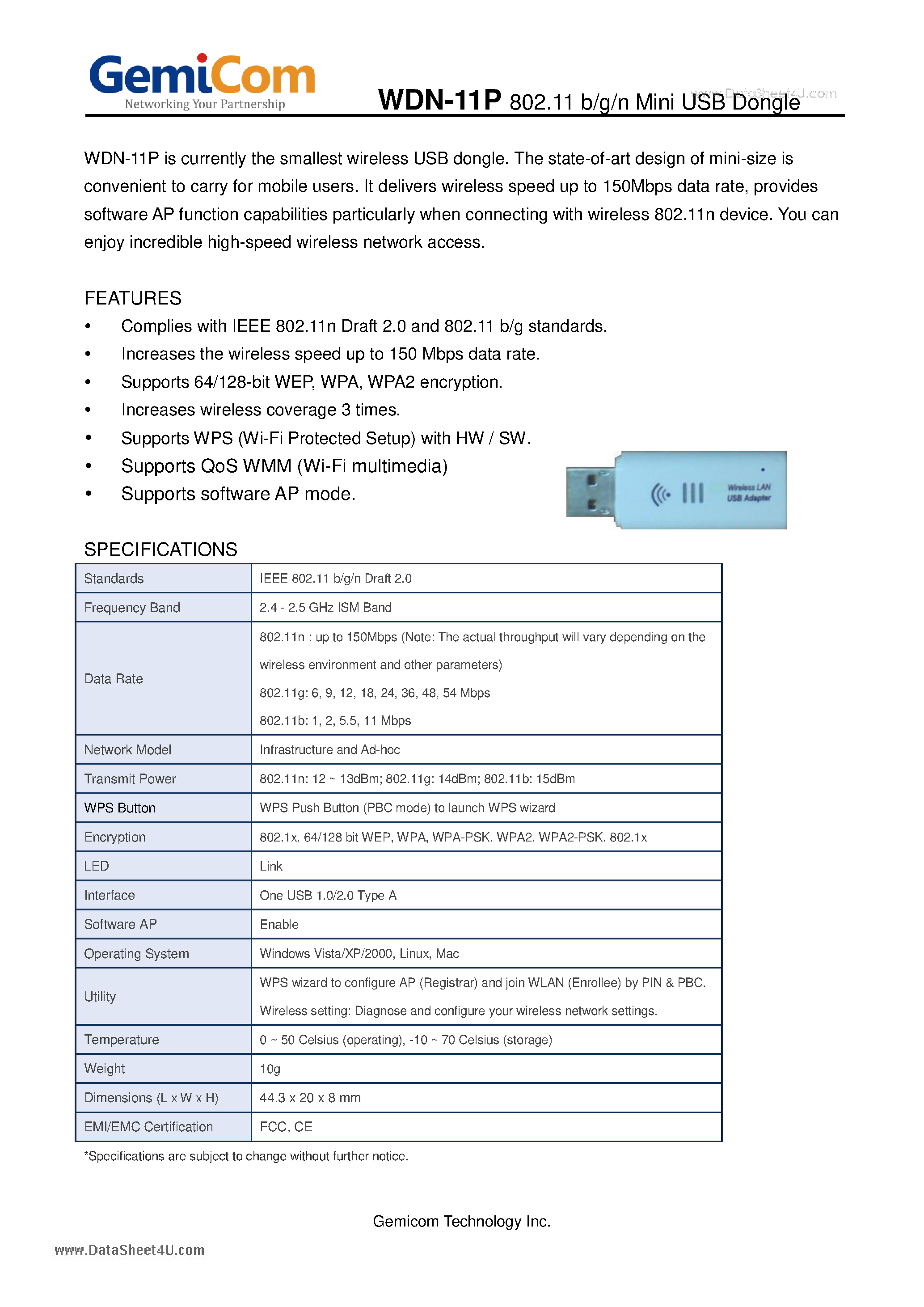 Datasheet WDN-11P - 802.11 b/g/n Mini USB Dongle page 1