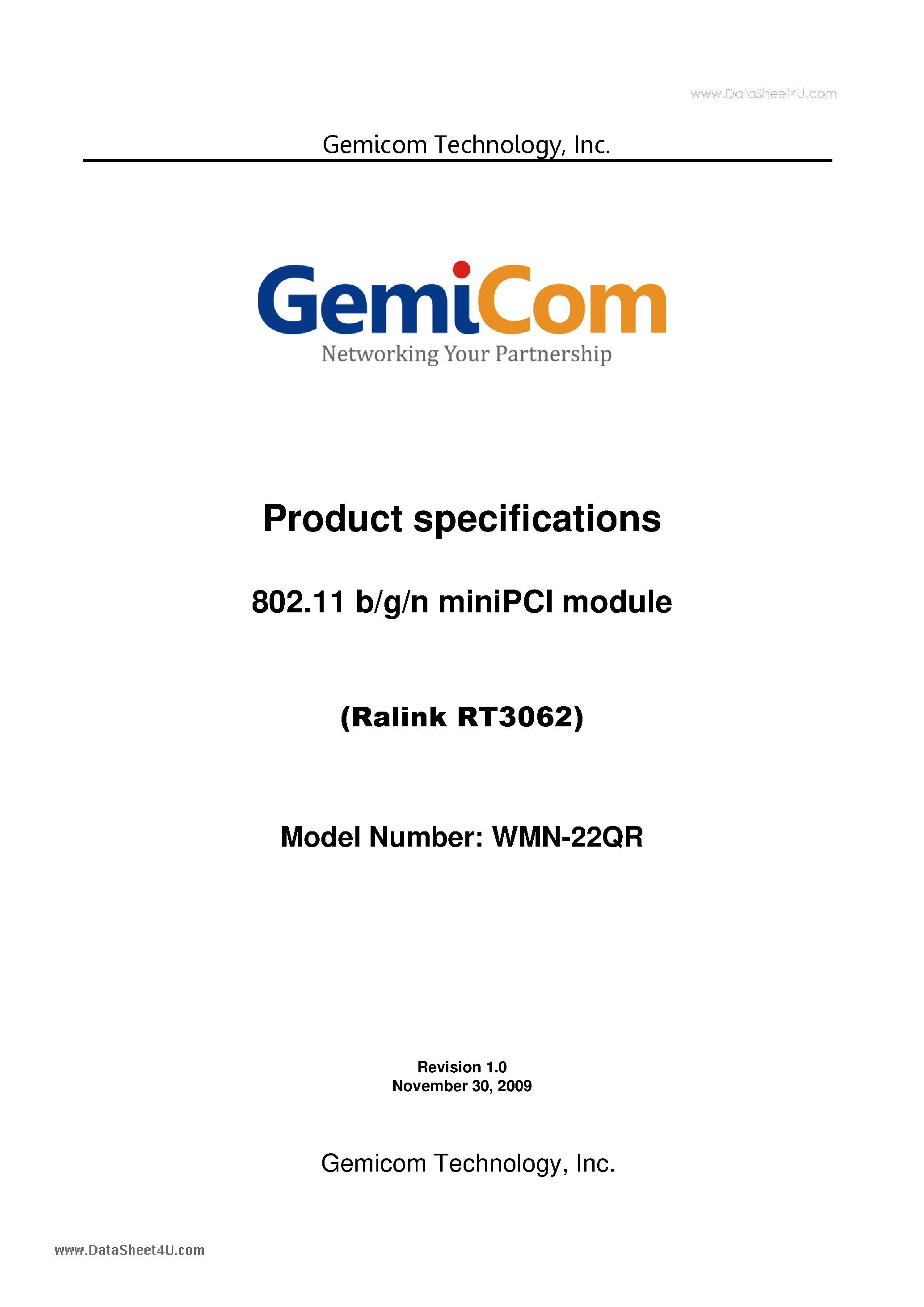 Даташит WMN-22QR - 802.11 b/g/n miniPCI module страница 1