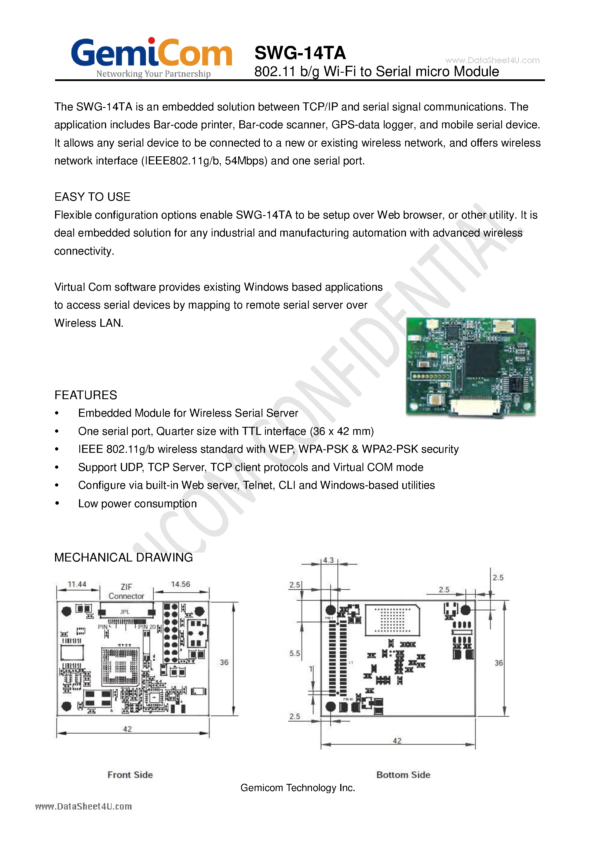 Даташит SWG-14TA - 802.11 b/g Wi-Fi to Serial micro Module страница 1