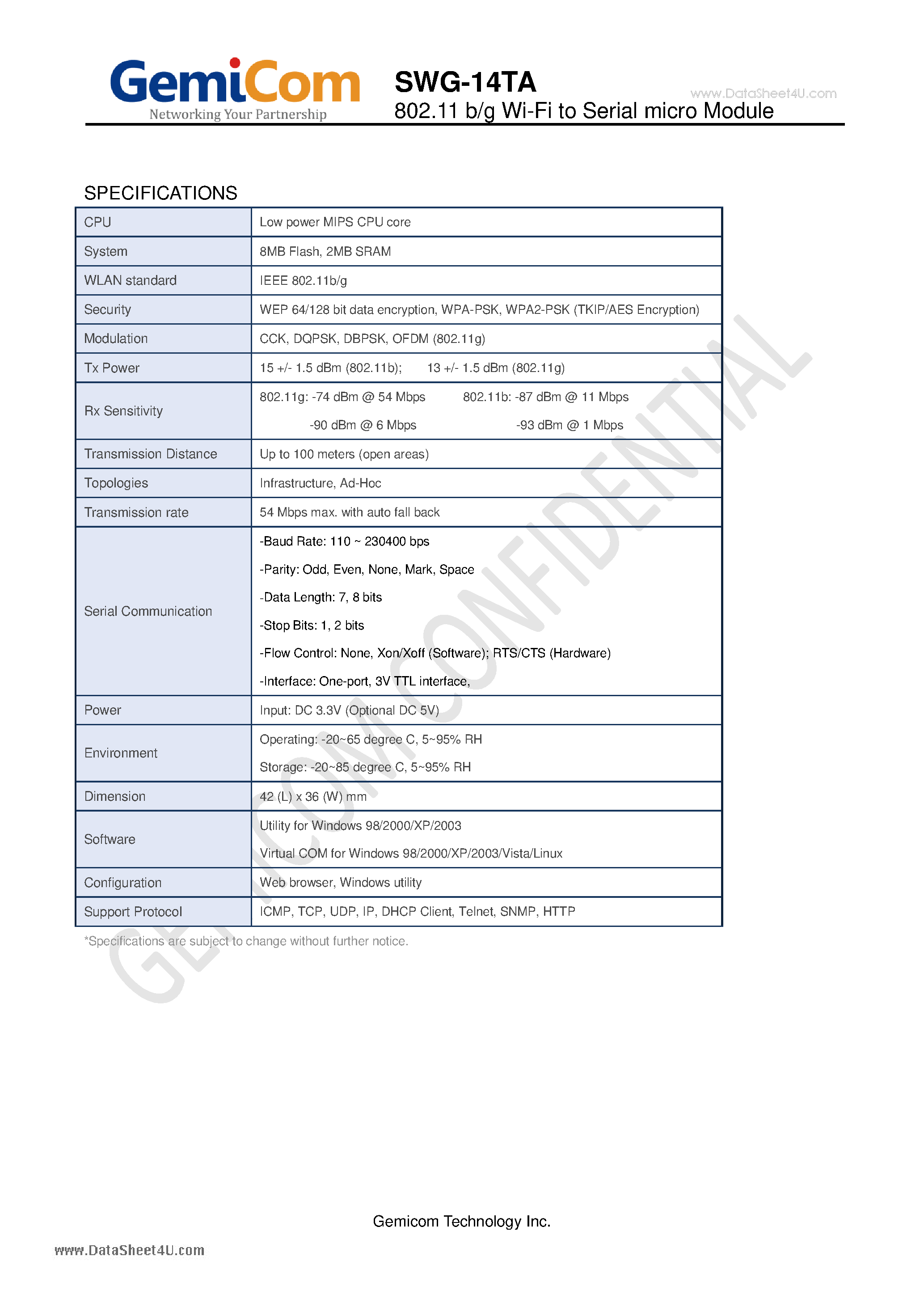 Datasheet SWG-14TA page 2 Datasheet SWG-14TA - 802.11 b/g Wi-Fi to Serial micro Module page 2
