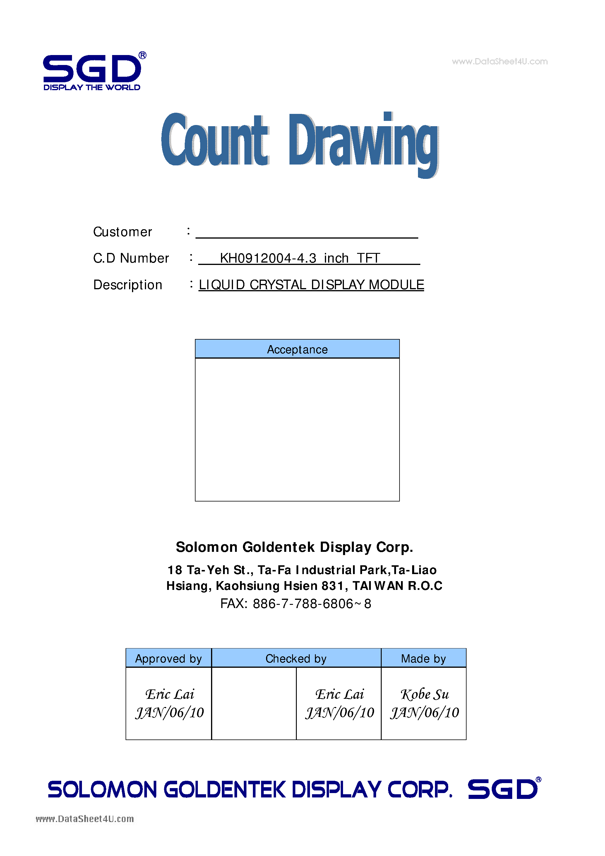 Datasheet KH0912004-4.3 - LIQUID CRYSTAL DISPLAY MODULE page 1