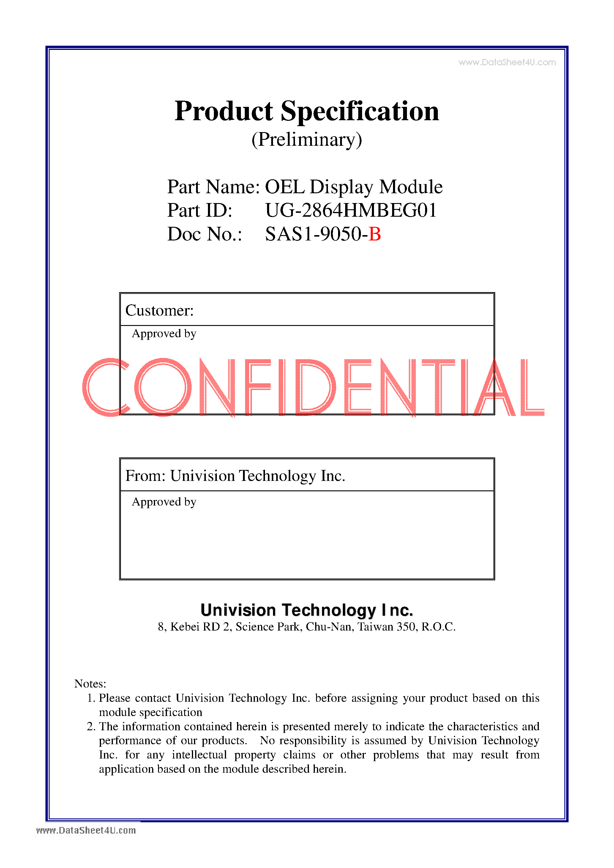 Datasheet UG-2864HMBEG01 page 1 Datasheet UG-2864HMBEG01 - OEL Display Module page 1
