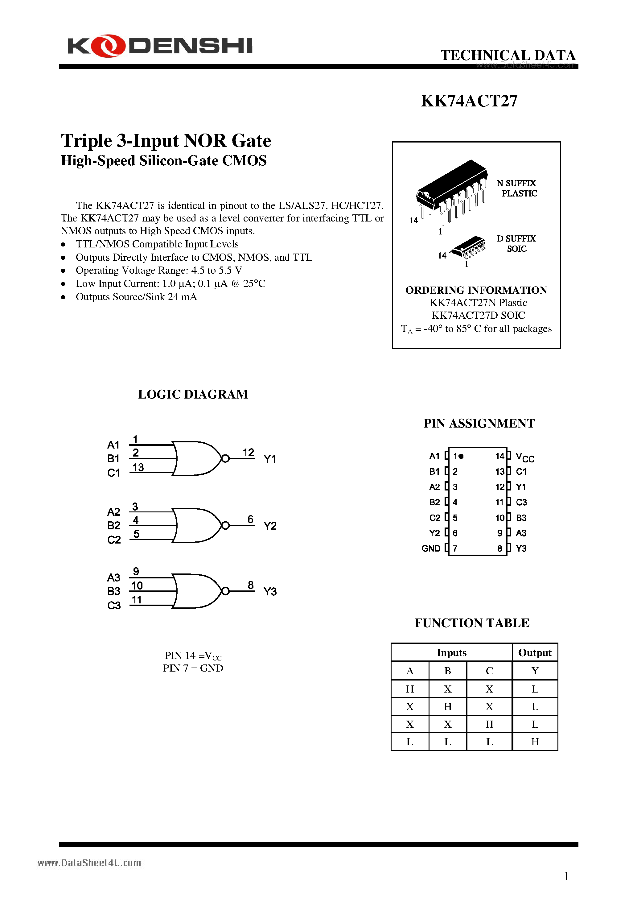 Datasheet KK74ACT27 - Triple 3-Input NOR Gate High-Speed Silicon-Gate CMOS page 1