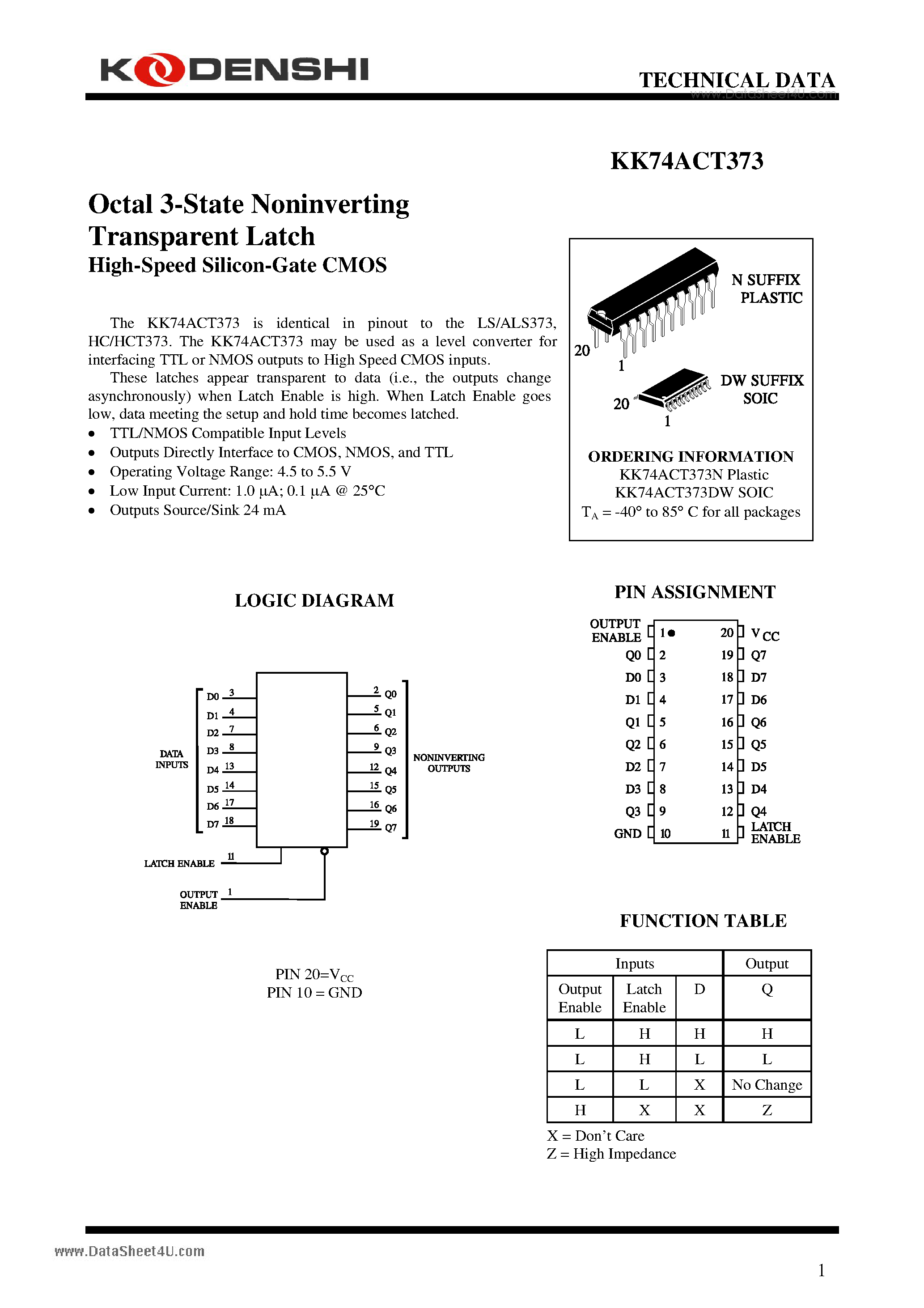 Datasheet KK74ACT373 - Octal 3-State Noninverting Transparent Latch High-Speed Silicon-Gate CMOS page 1