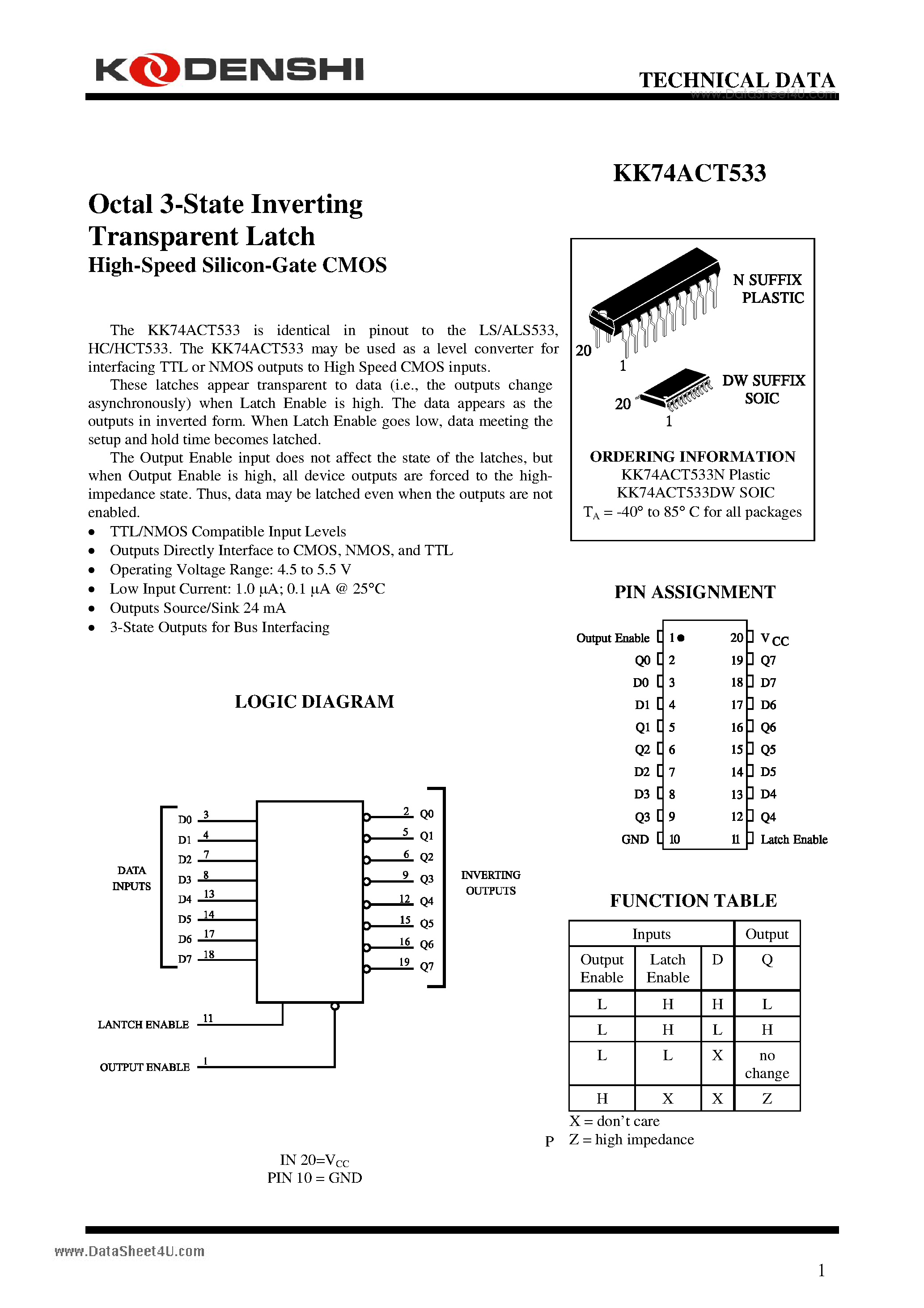 Datasheet KK74ACT533 - Octal 3-State Inverting Transparent Latch High-Speed Silicon-Gate CMOS page 1