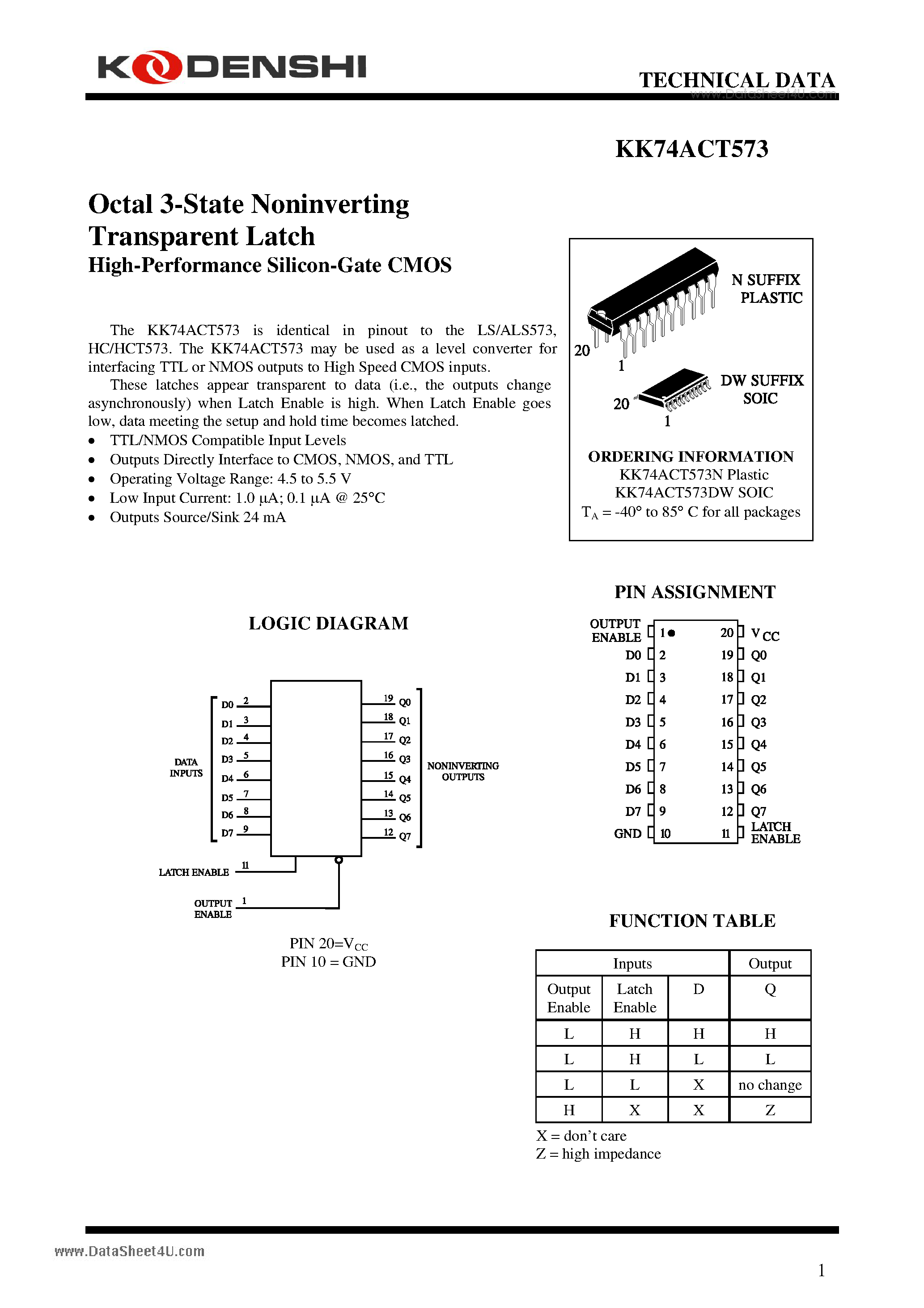 Datasheet KK74ACT573 - Octal 3-State Noninverting Transparent Latch High-Performance Silicon-Gate CMOS page 1