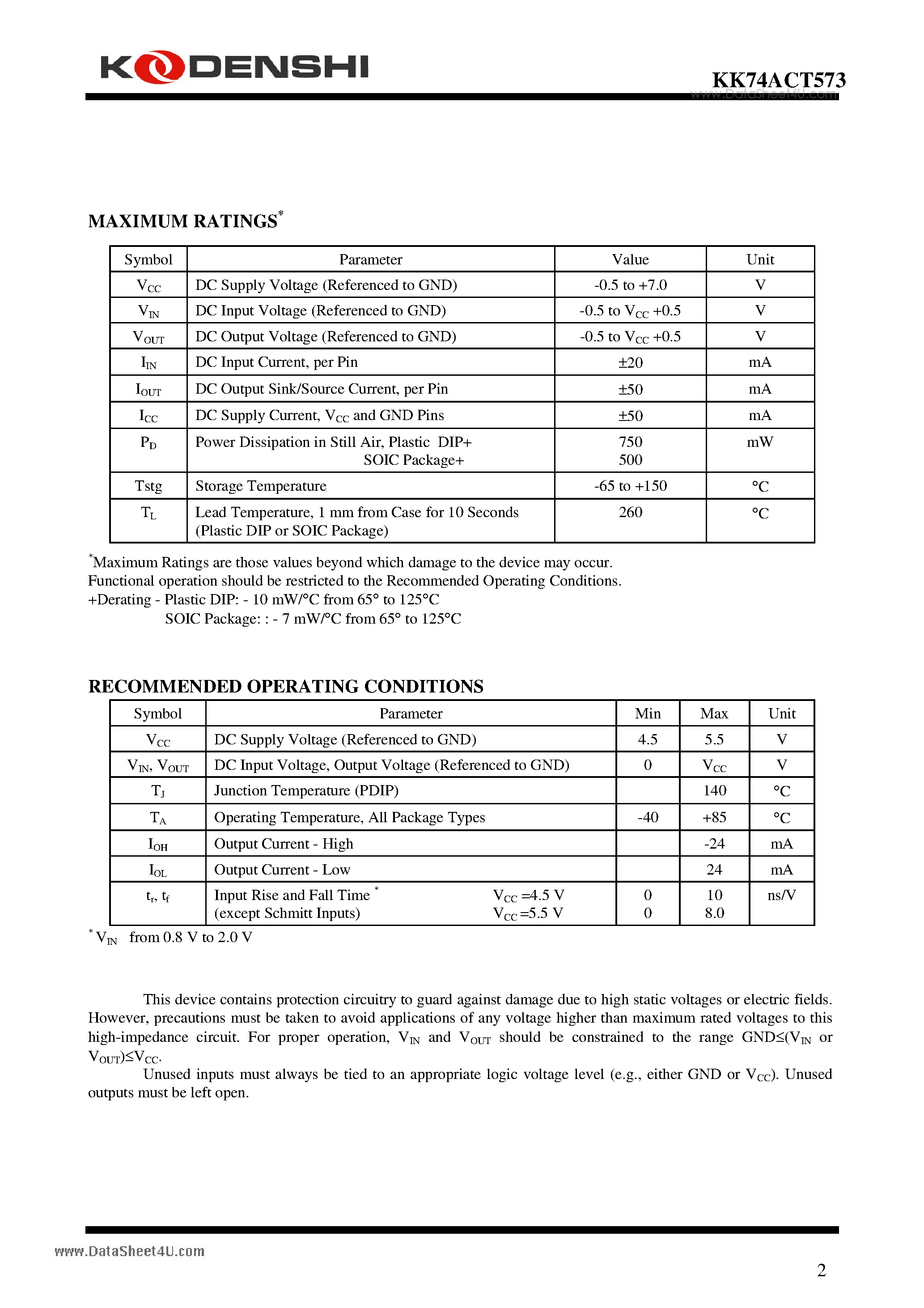 Datasheet KK74ACT573 - Octal 3-State Noninverting Transparent Latch High-Performance Silicon-Gate CMOS page 2