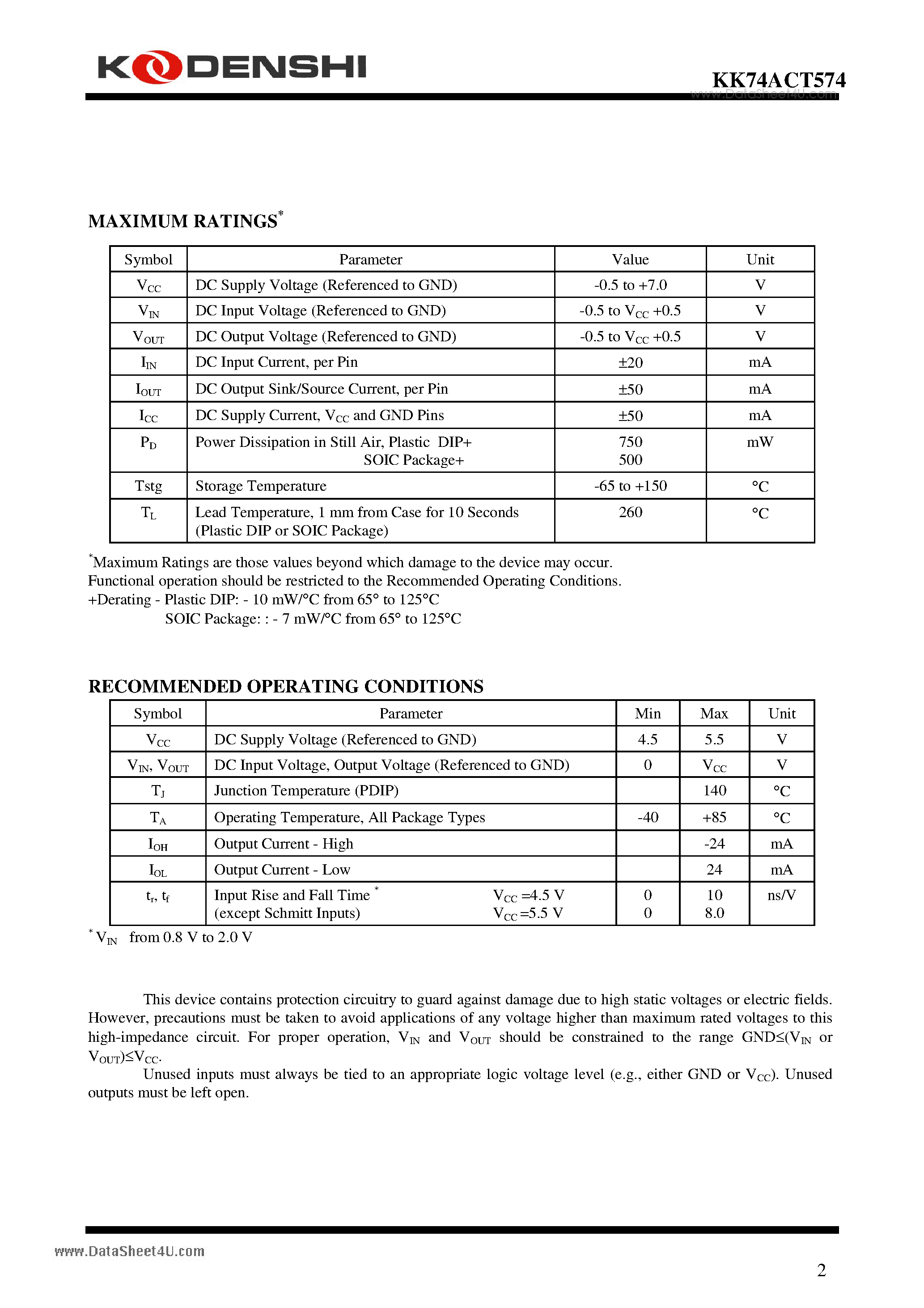 Даташит KK74ACT574 - Octal 3-State Noninverting D Flip-Flop High-Performance Silicon-Gate CMOS страница 2