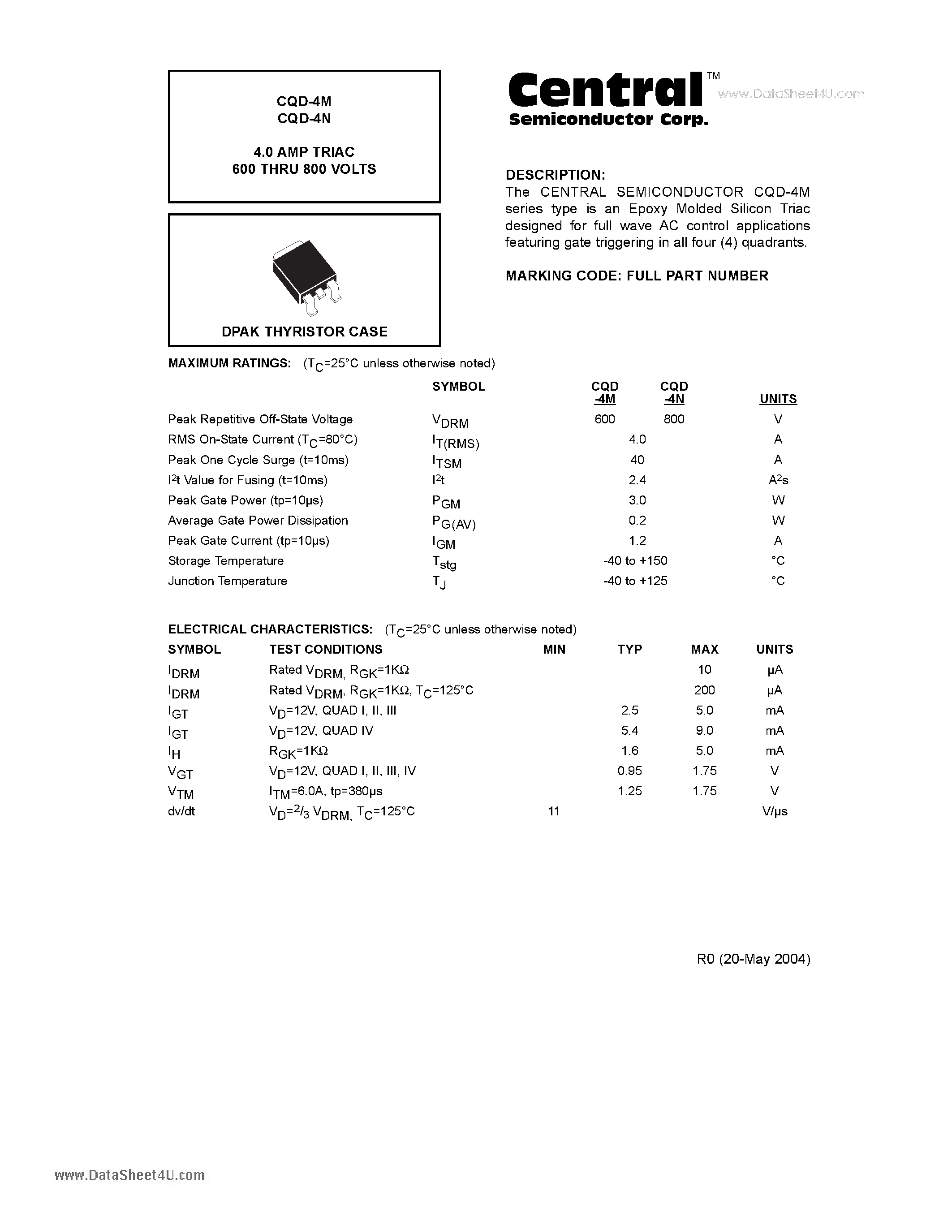 Datasheet CQD-4N - 4.0 AMP TRIAC 600 THRU 800 VOLTS page 1
