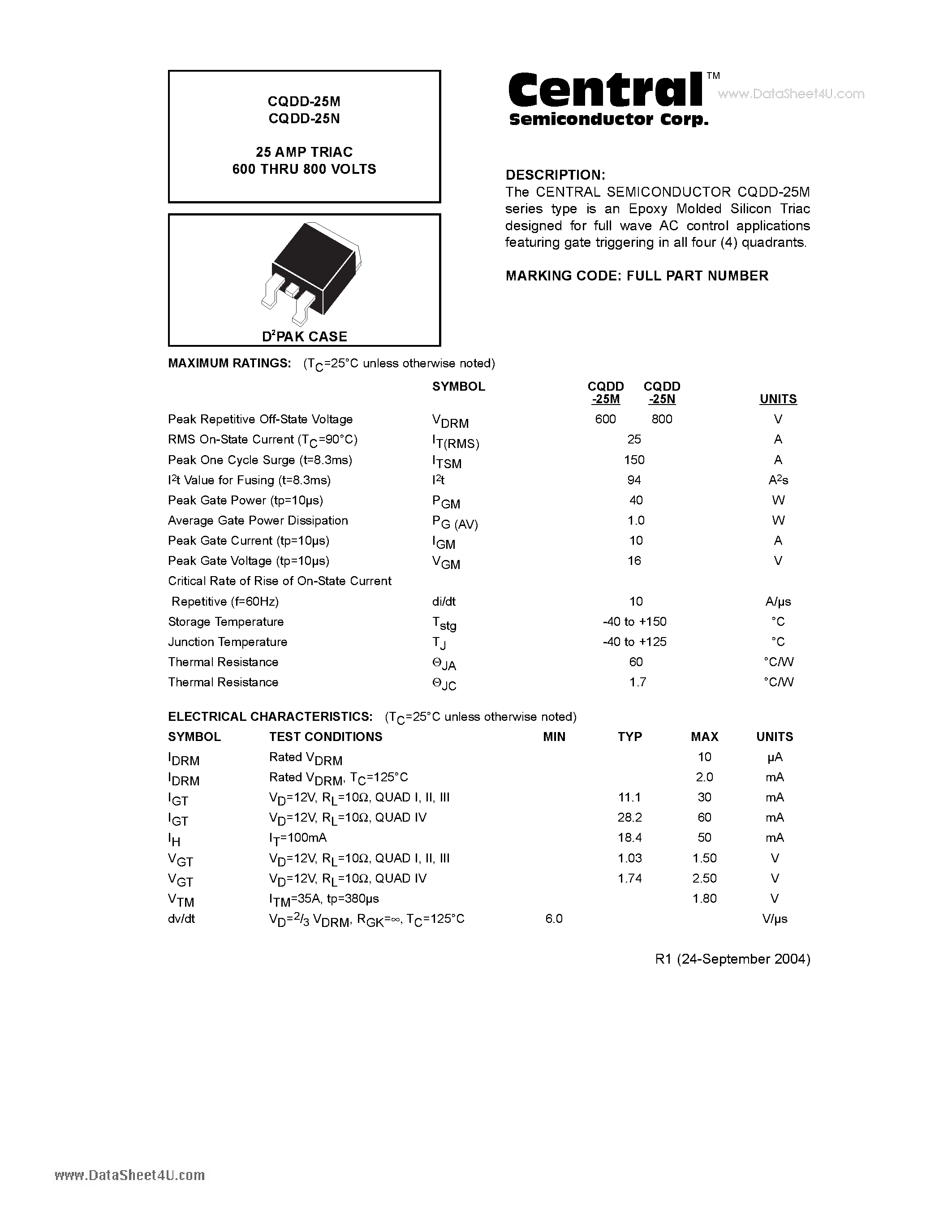 Datasheet CQDD-25N - 25 AMP TRIAC 600 THRU 800 VOLTS page 1