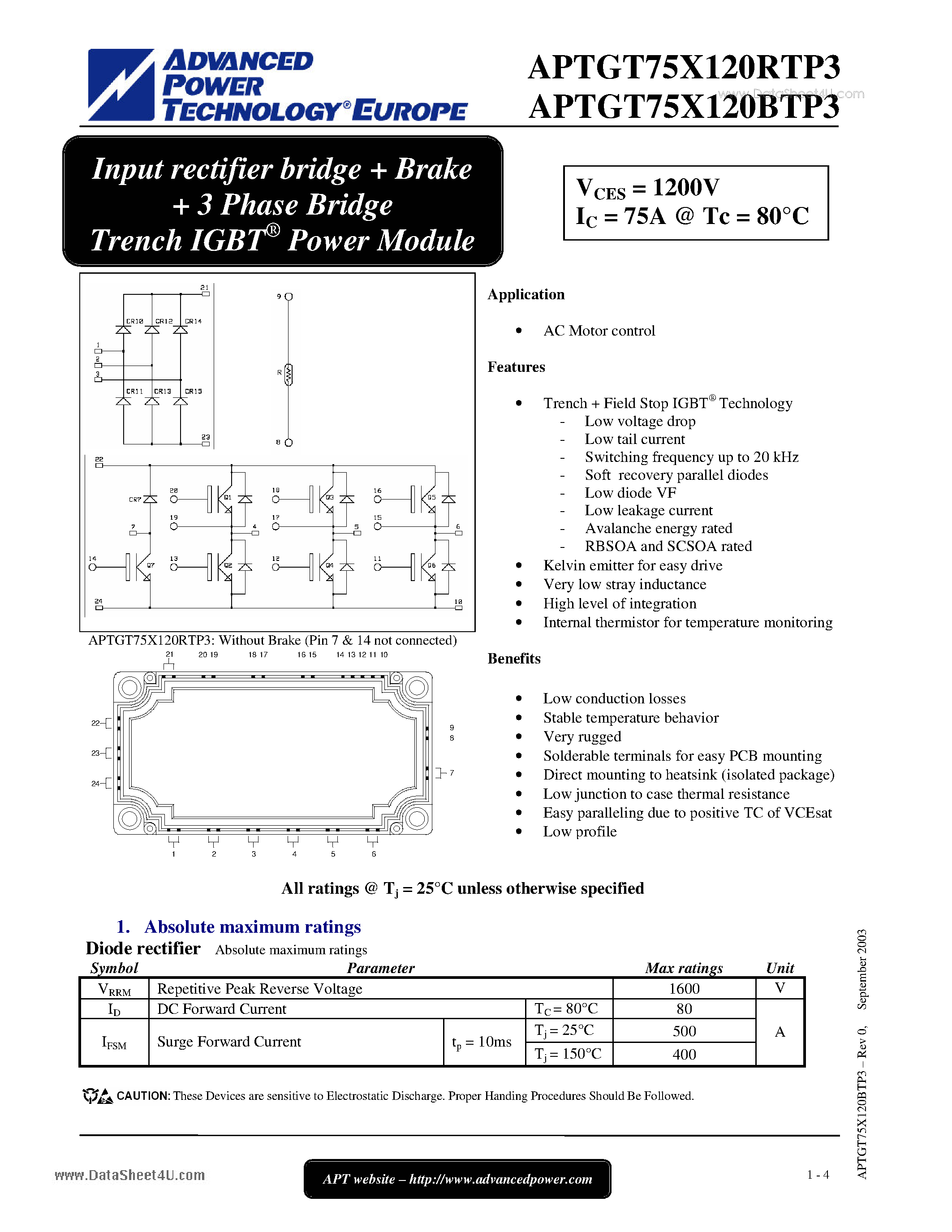 Datasheet APTGT75X120BTP3 page 1 Datasheet APTGT75X120BTP3 - Input rectifier bridge Brake 3 Phase Bridge Trench IGBT Power Module page 1