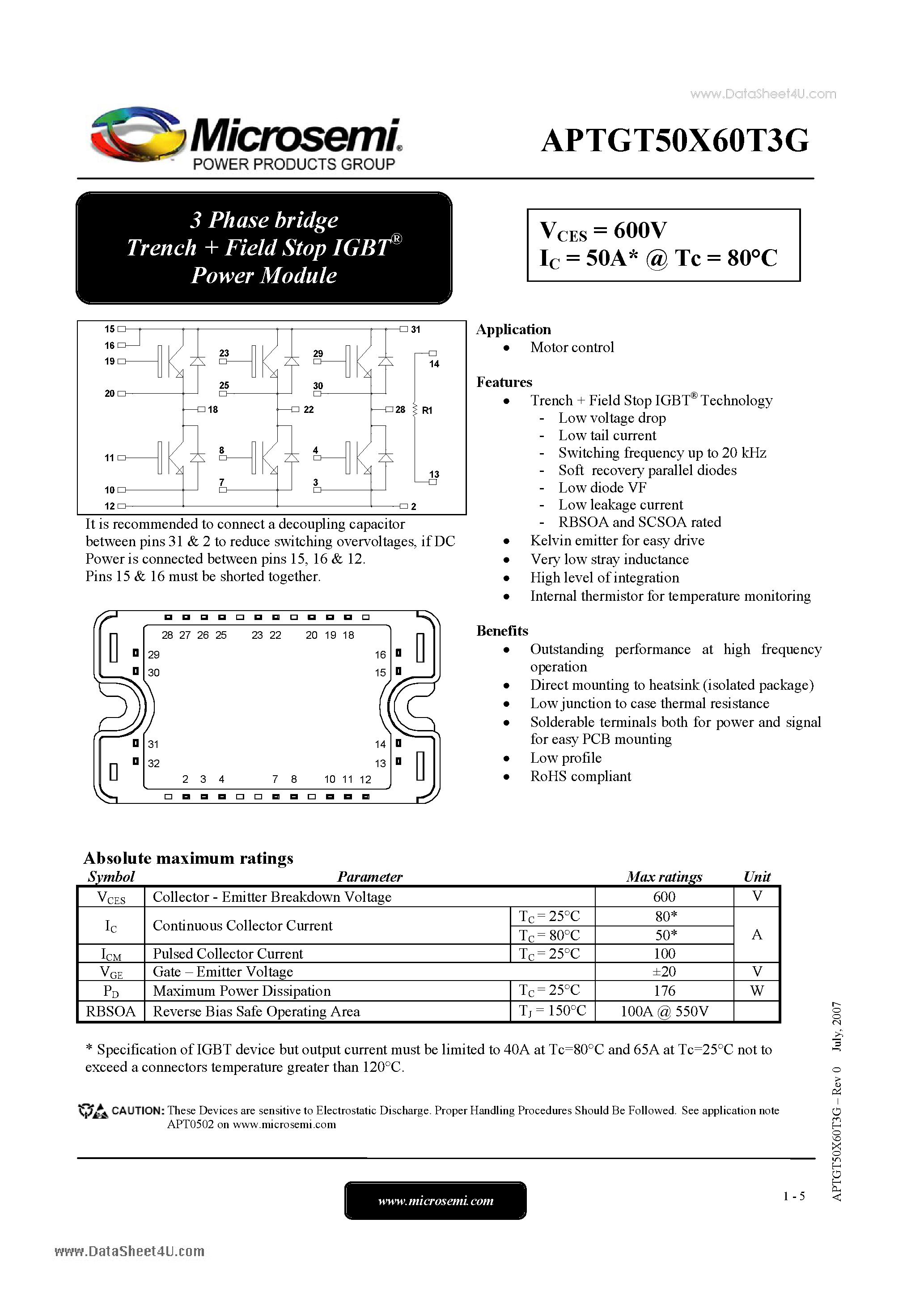 Datasheet APTGT50X60T3G - 3 Phase bridge Trench Field Stop IGBT Power Module page 1