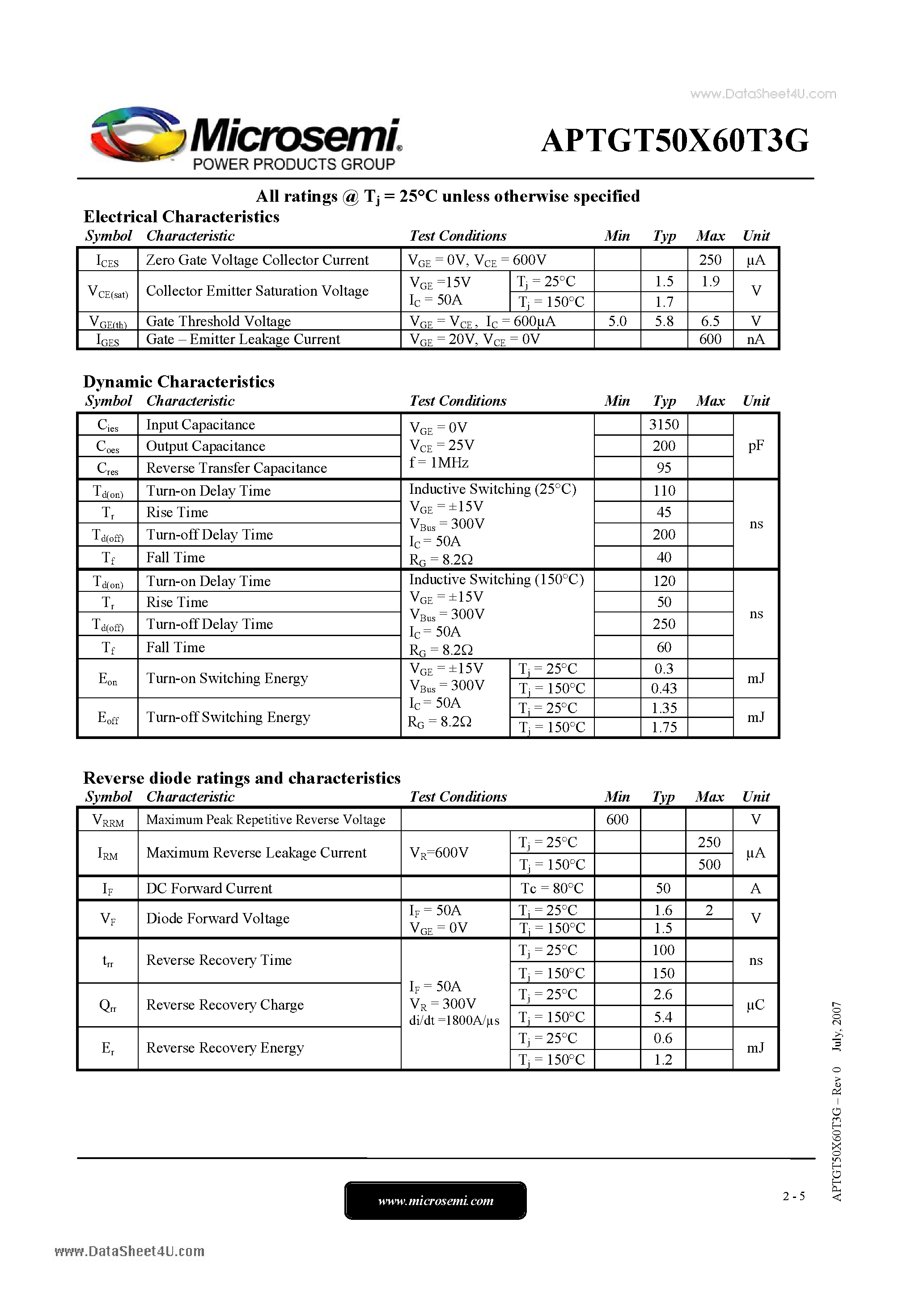 Datasheet APTGT50X60T3G - 3 Phase bridge Trench Field Stop IGBT Power Module page 2
