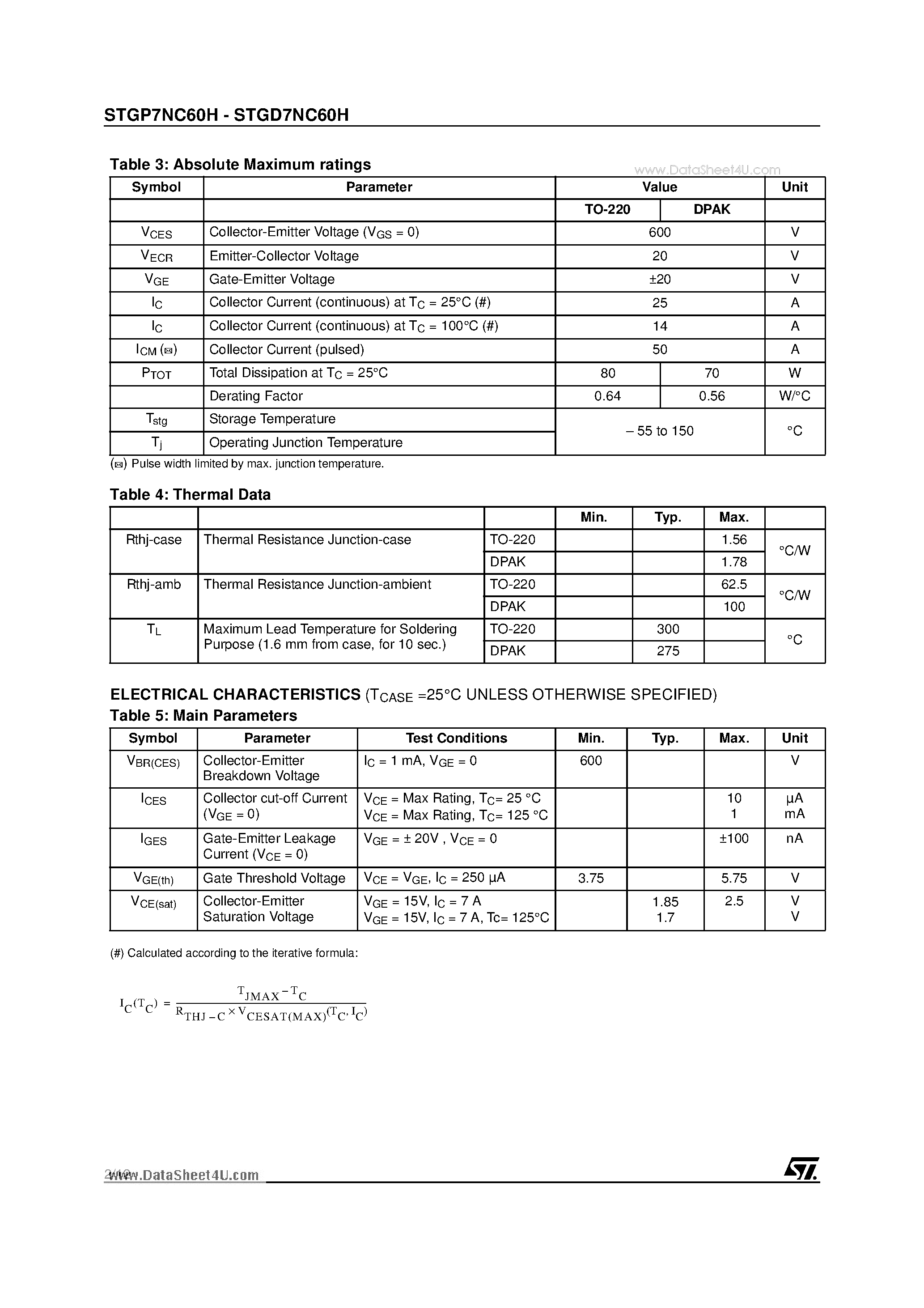 Datasheet STGD7NC60H page 2 Datasheet STGD7NC60H - N-CHANNEL 14A - 600V TO-220/DPAK Very Fast PowerMESH IGBT page 2