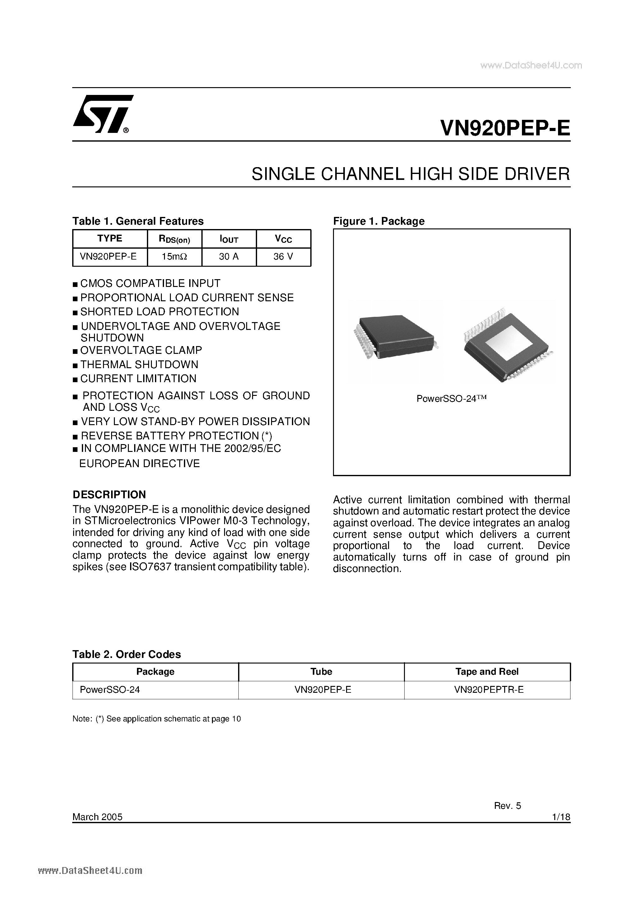 Datasheet VN920PEP-E page 1 Datasheet VN920PEP-E - SINGLE CHANNEL HIGH SIDE DRIVER page 1