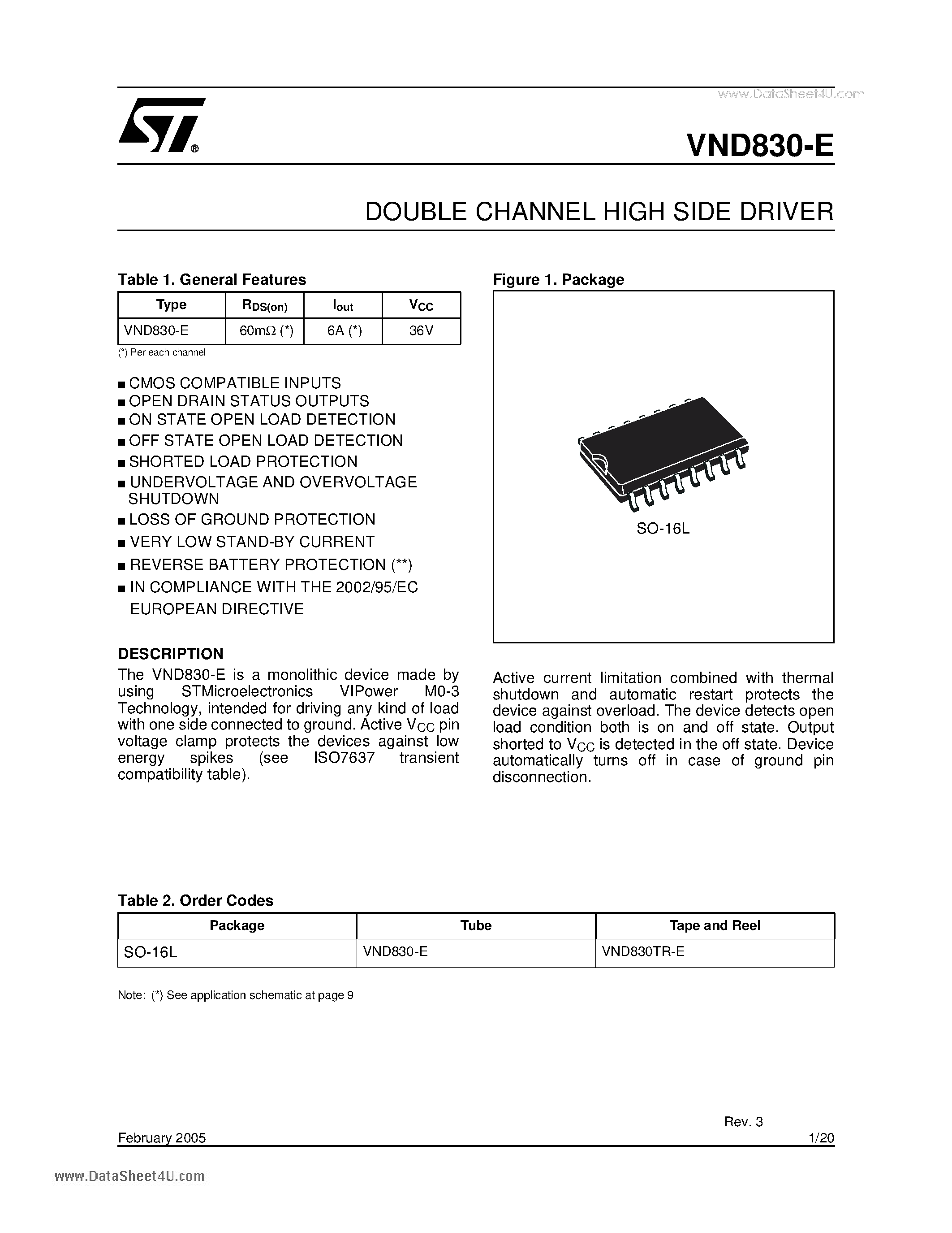 Даташит на микросхему VND830-E страница 1 Даташит VND830-E - DOUBLE CHANNEL HIGH SIDE DRIVER страница 1