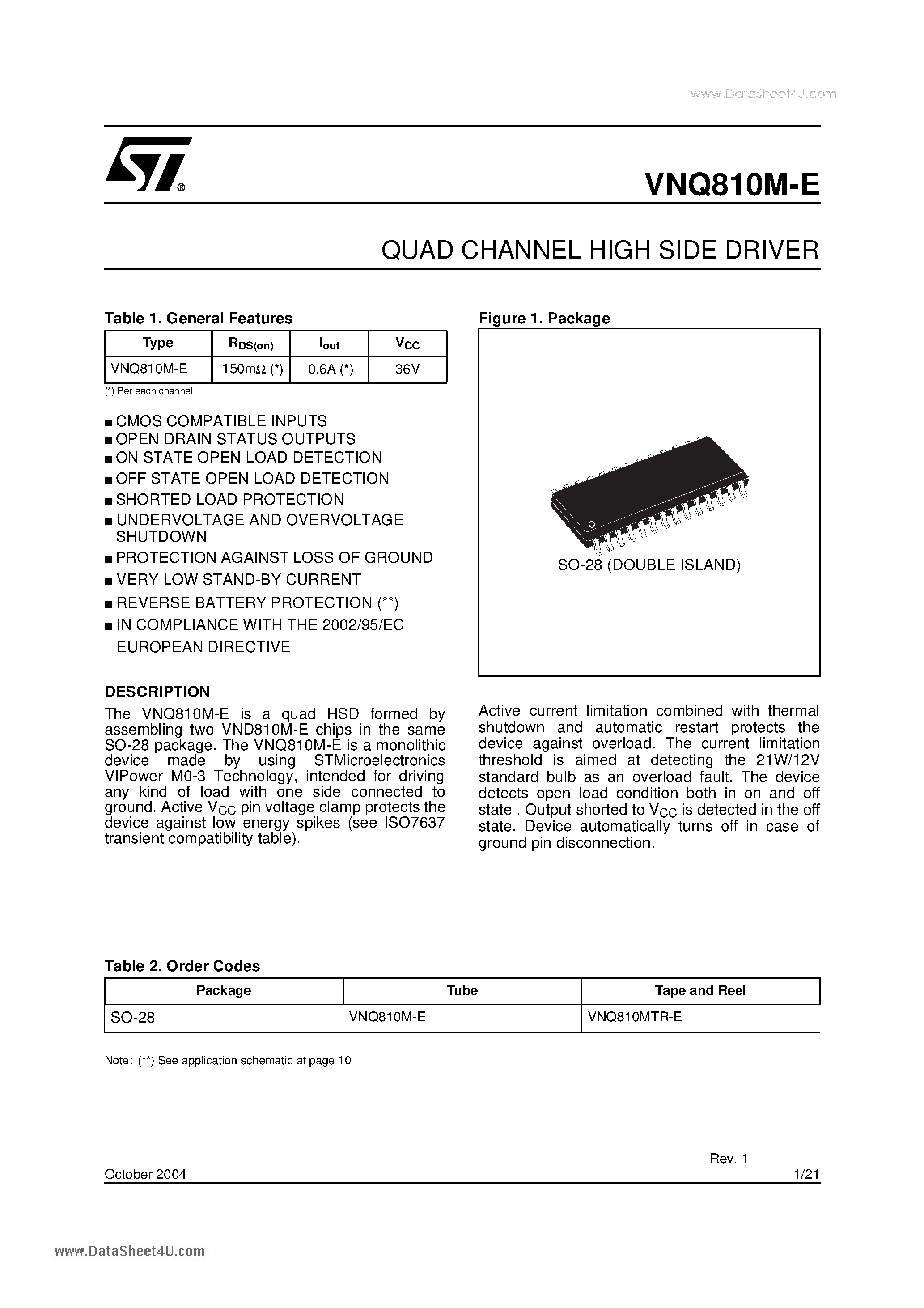 Даташит VNQ810M-E - QUAD CHANNEL HIGH SIDE DRIVER страница 1