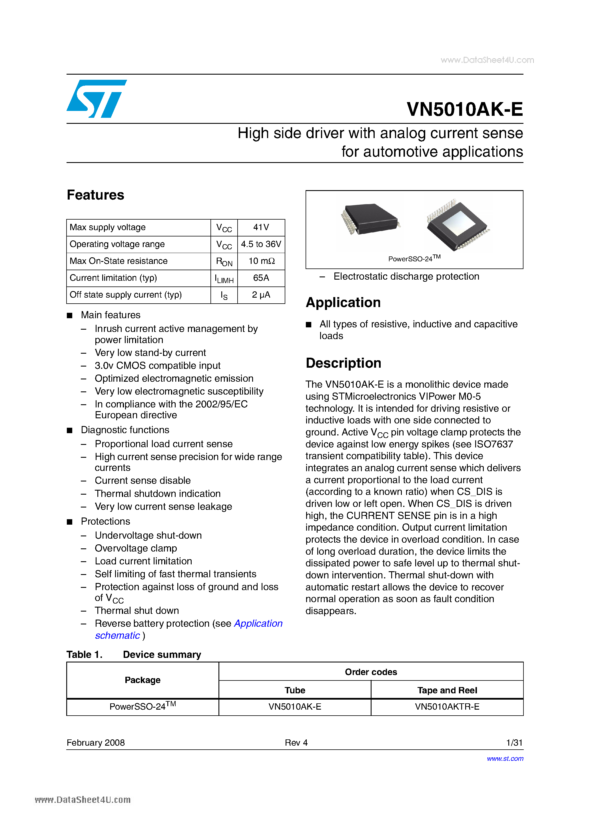 Даташит VN5010AK-E - High side driver with analog current sense страница 1