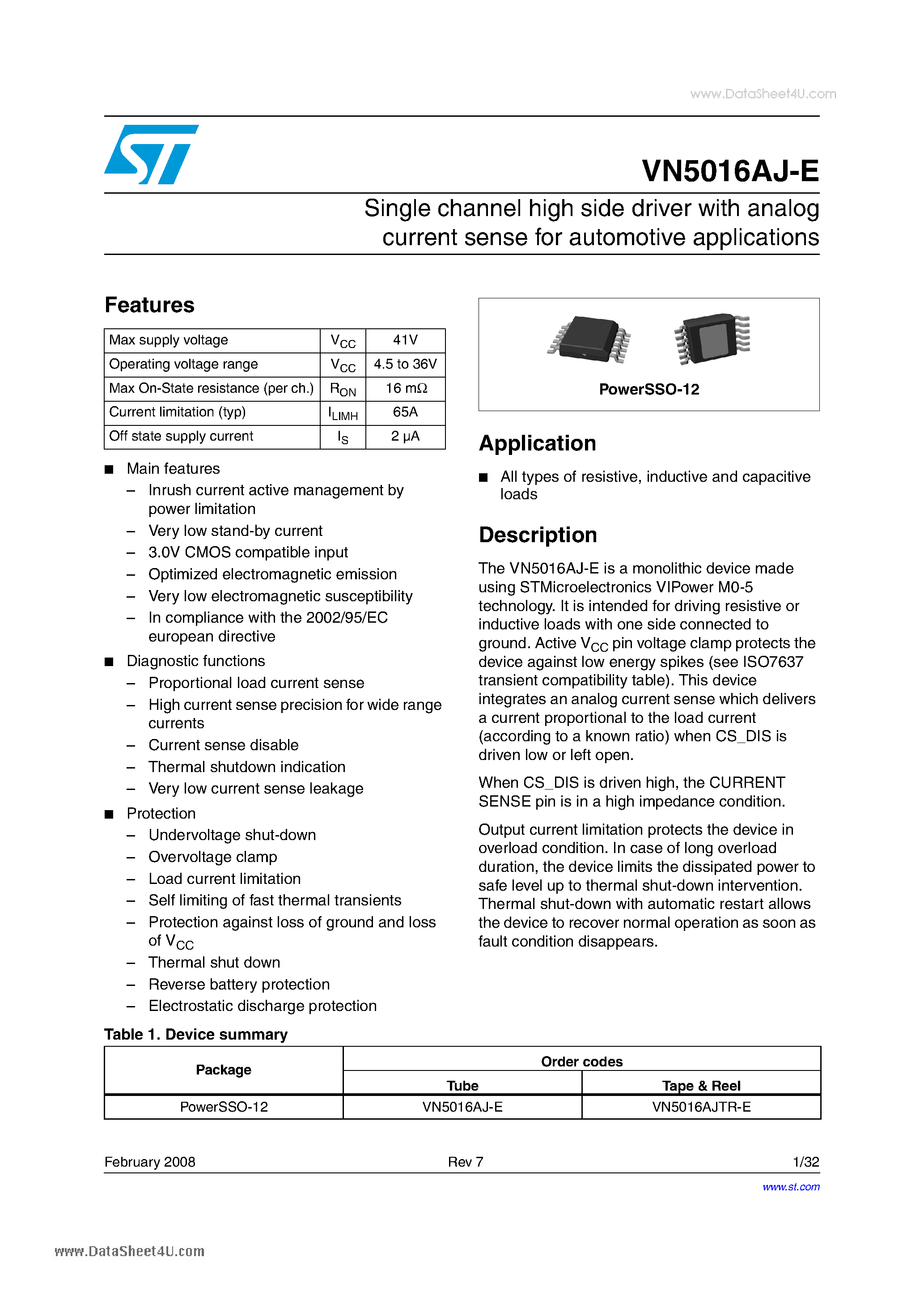 Даташит VN5016AJ-E - Single channel high side driver страница 1