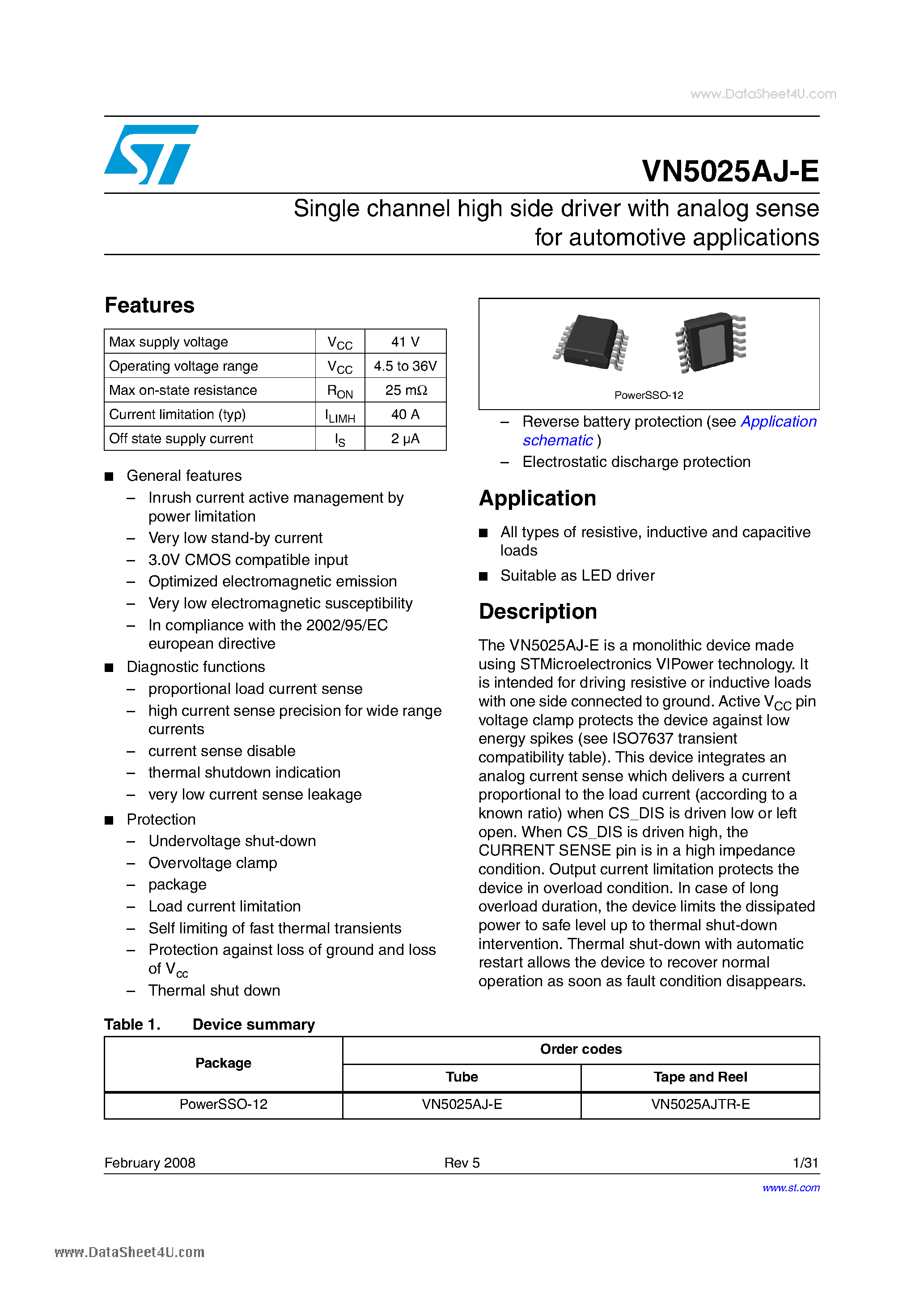 Даташит VN5025AJ-E - Single channel high side driver страница 1