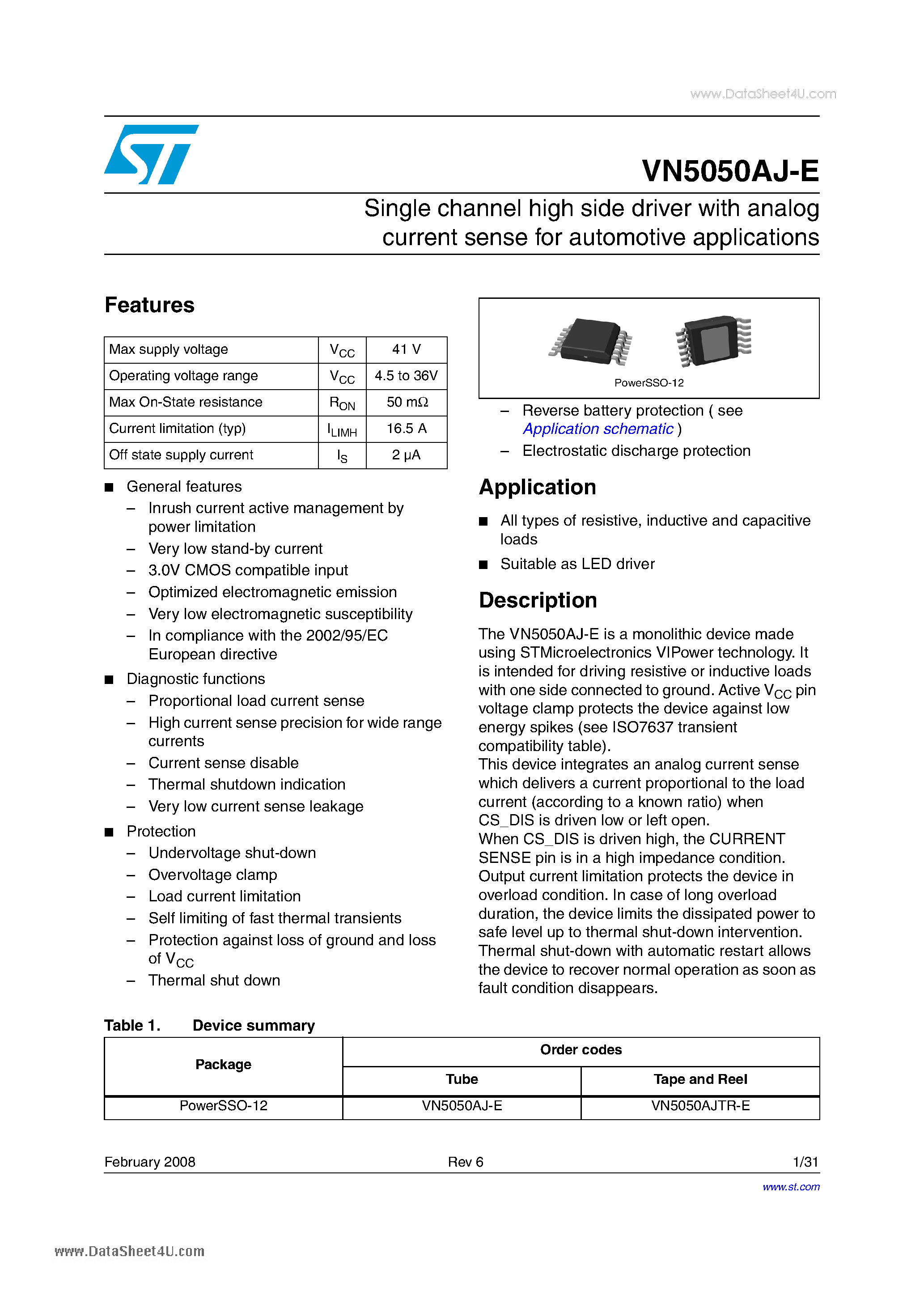 Даташит VN5050AJ-E - Single channel high side driver страница 1