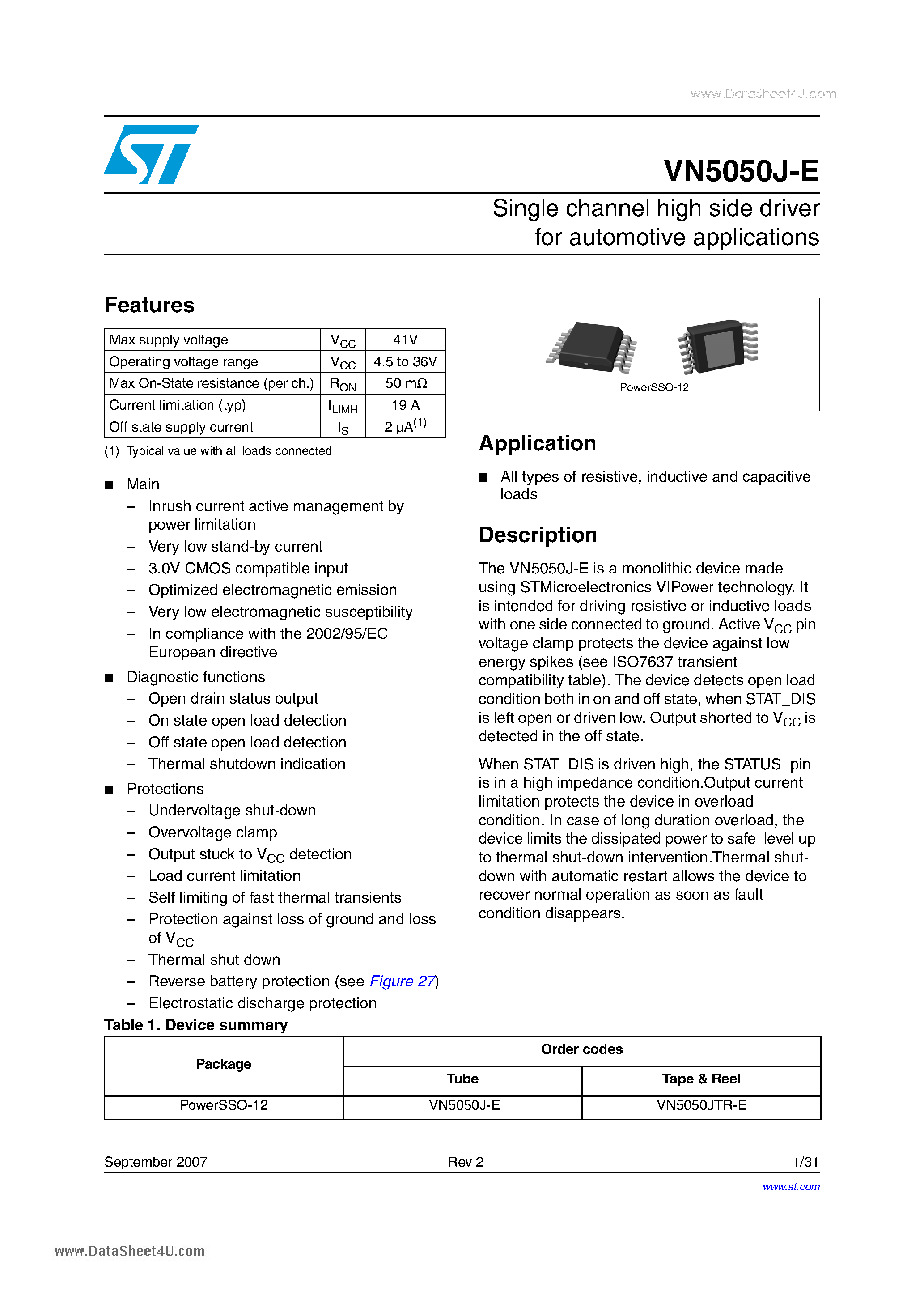 Даташит VN5050J-E - Single channel high side driver страница 1