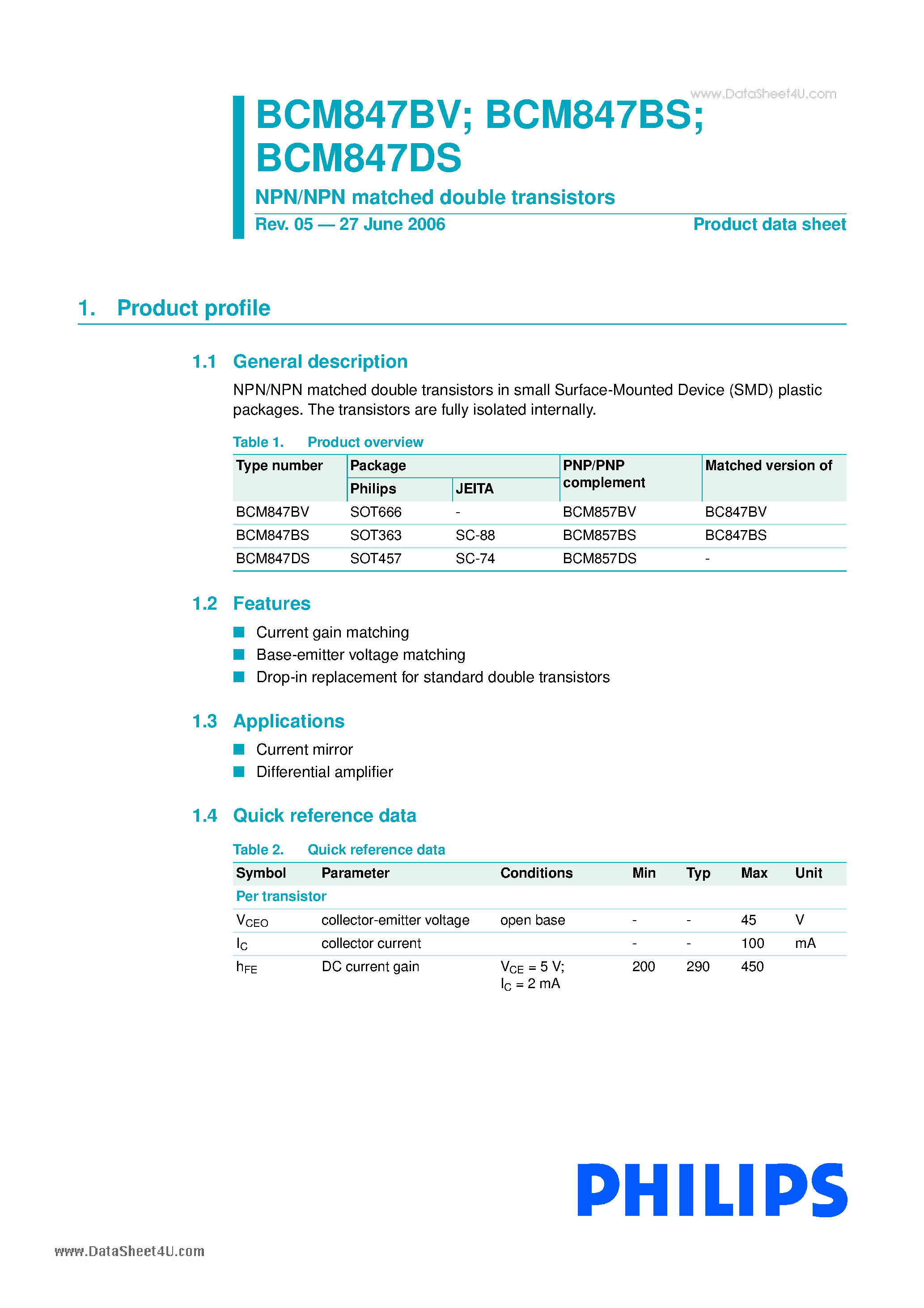 Даташит BCM847BS - NPN/NPN matched double transistors страница 1