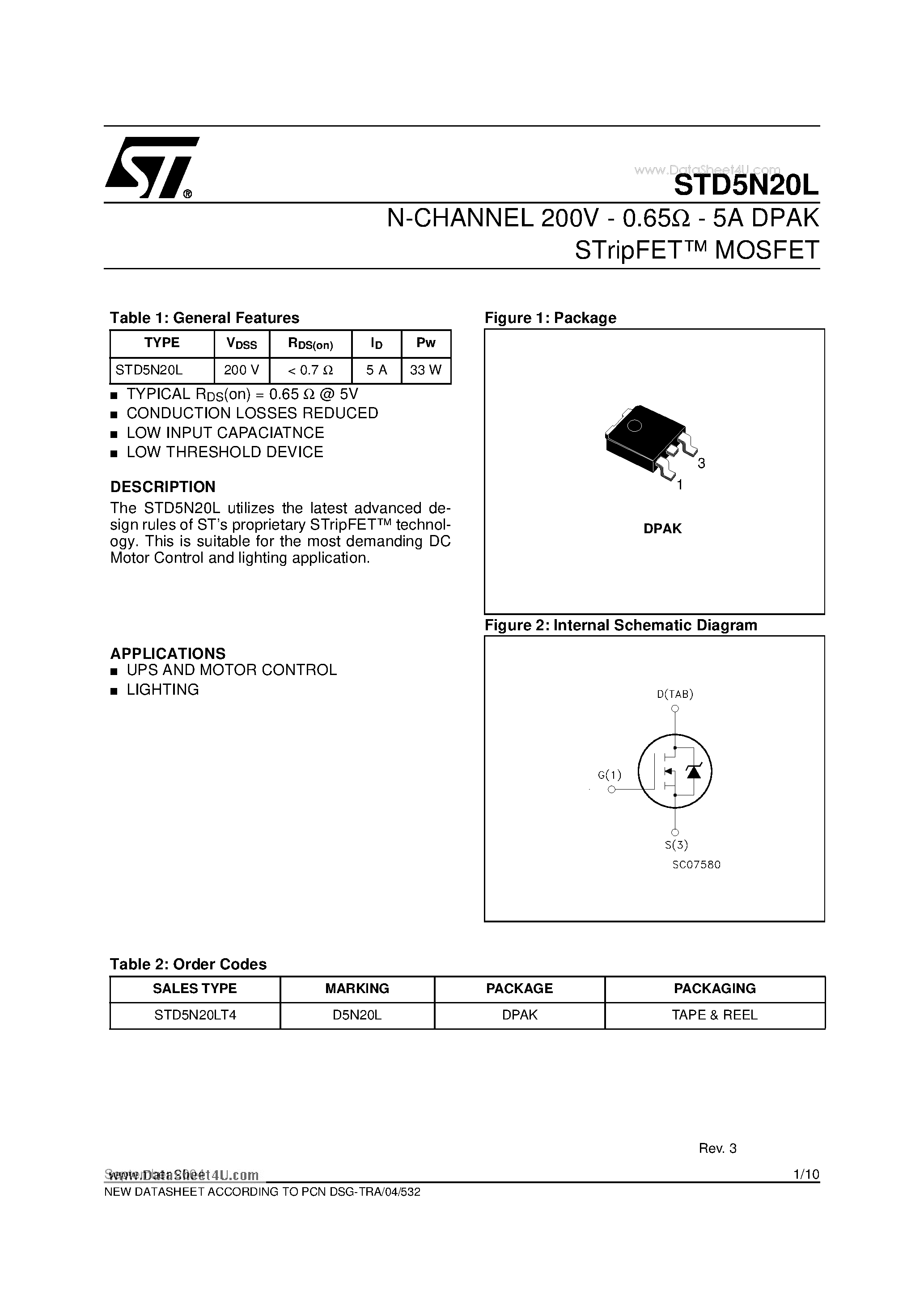 Datasheet STD5N20L - N-CHANNEL 200V - 0.65 - 5A DPAK STripFET MOSFET page 1