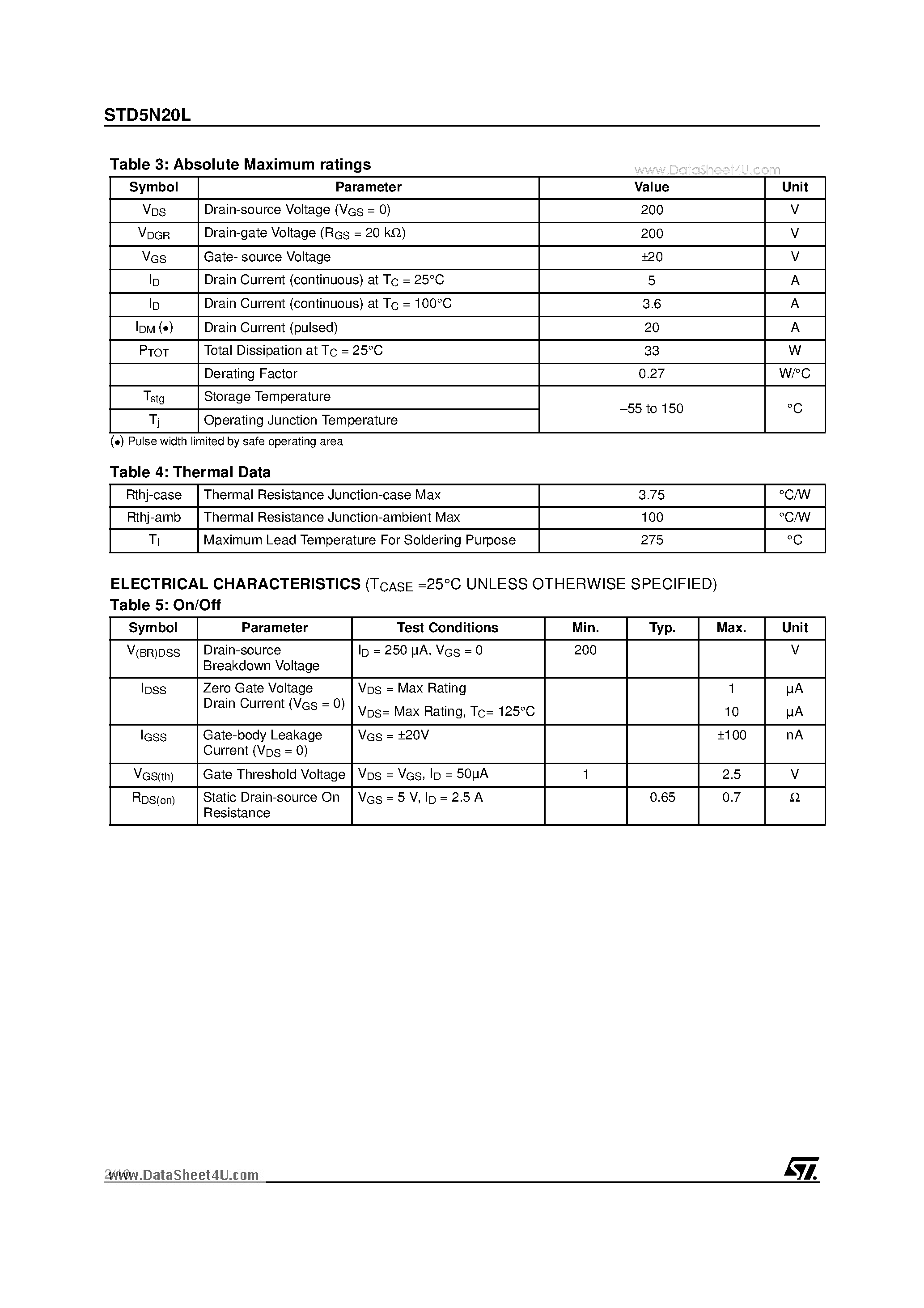 Datasheet STD5N20L - N-CHANNEL 200V - 0.65 - 5A DPAK STripFET MOSFET page 2