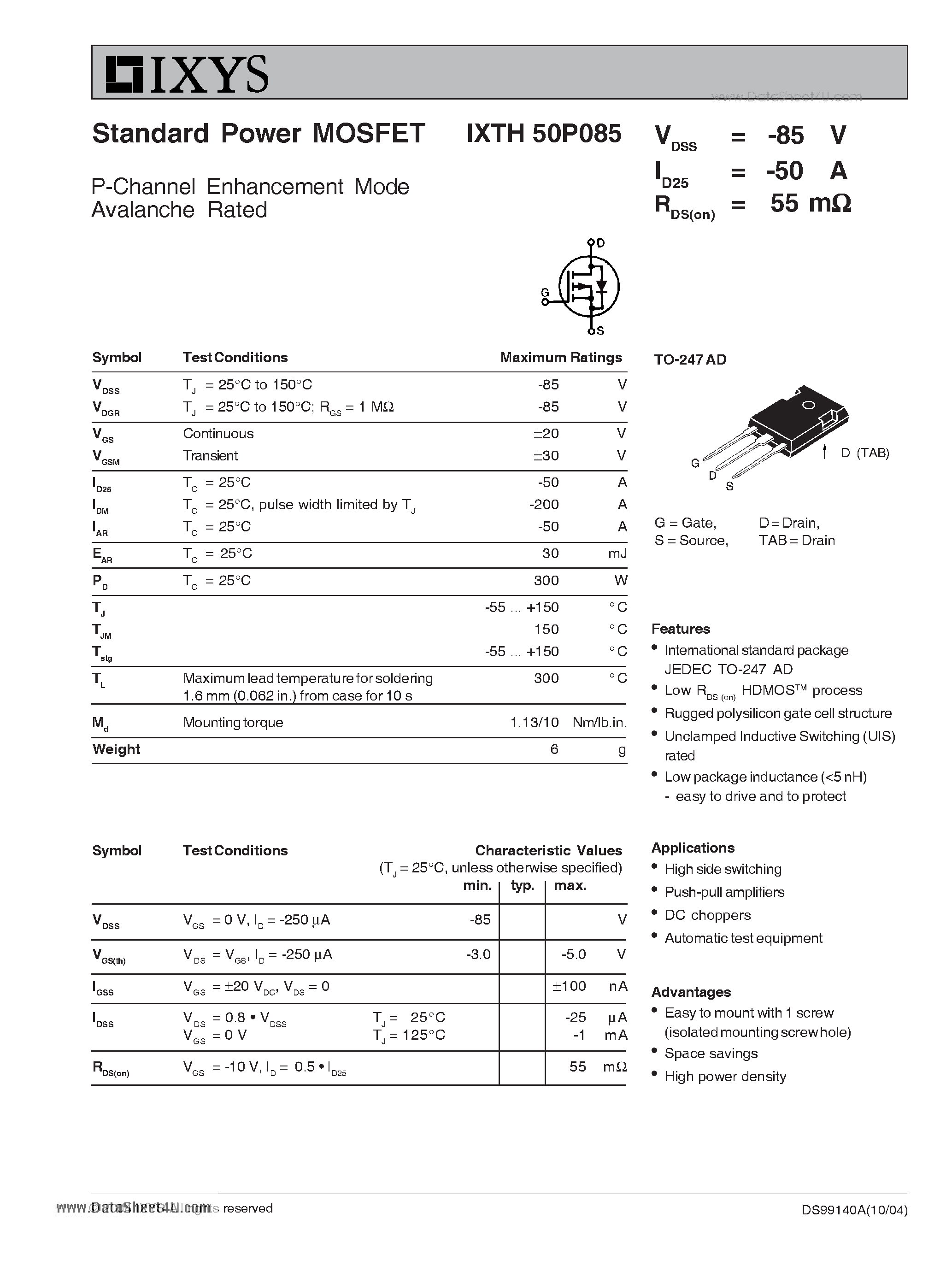 Даташит на микросхему IXTH50P085 страница 1 Даташит IXTH50P085 - Standard Power MOSFET страница 1