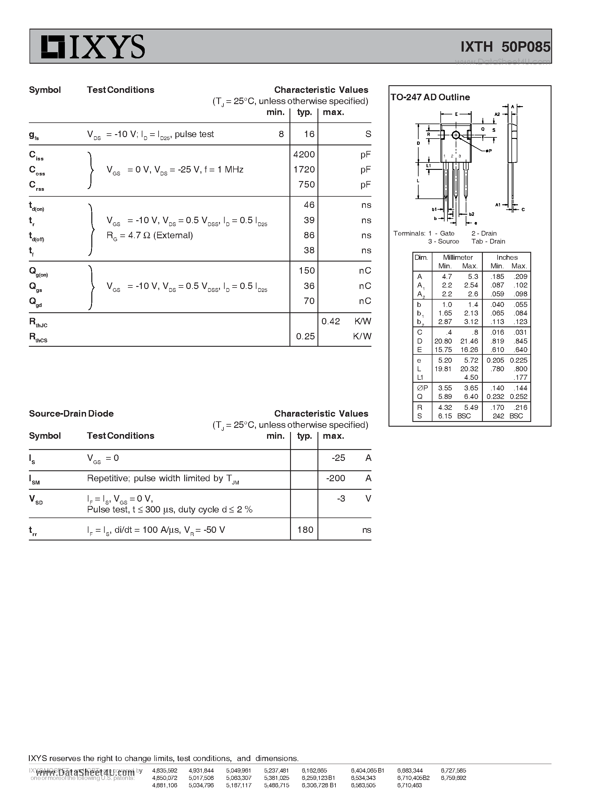 Даташит на микросхему IXTH50P085 страница 2 Даташит IXTH50P085 - Standard Power MOSFET страница 2